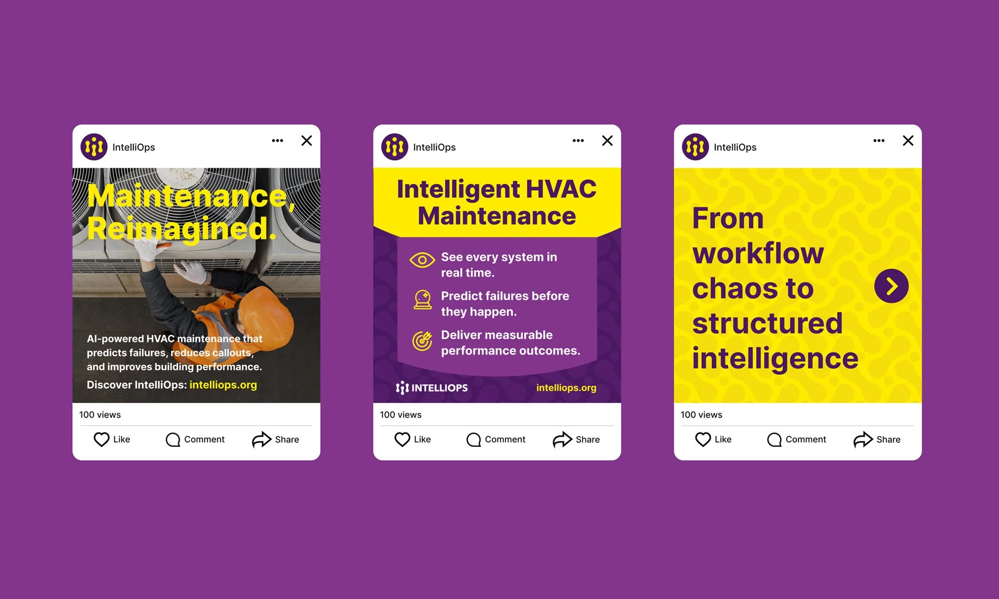 IntelliOps LinkedIn ad designs promoting AI HVAC platform and performance outcomes