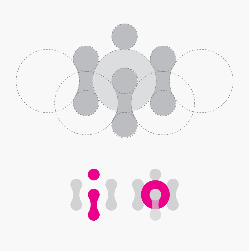 IntelliOps logo construction grid showing geometric node system and brand mark development