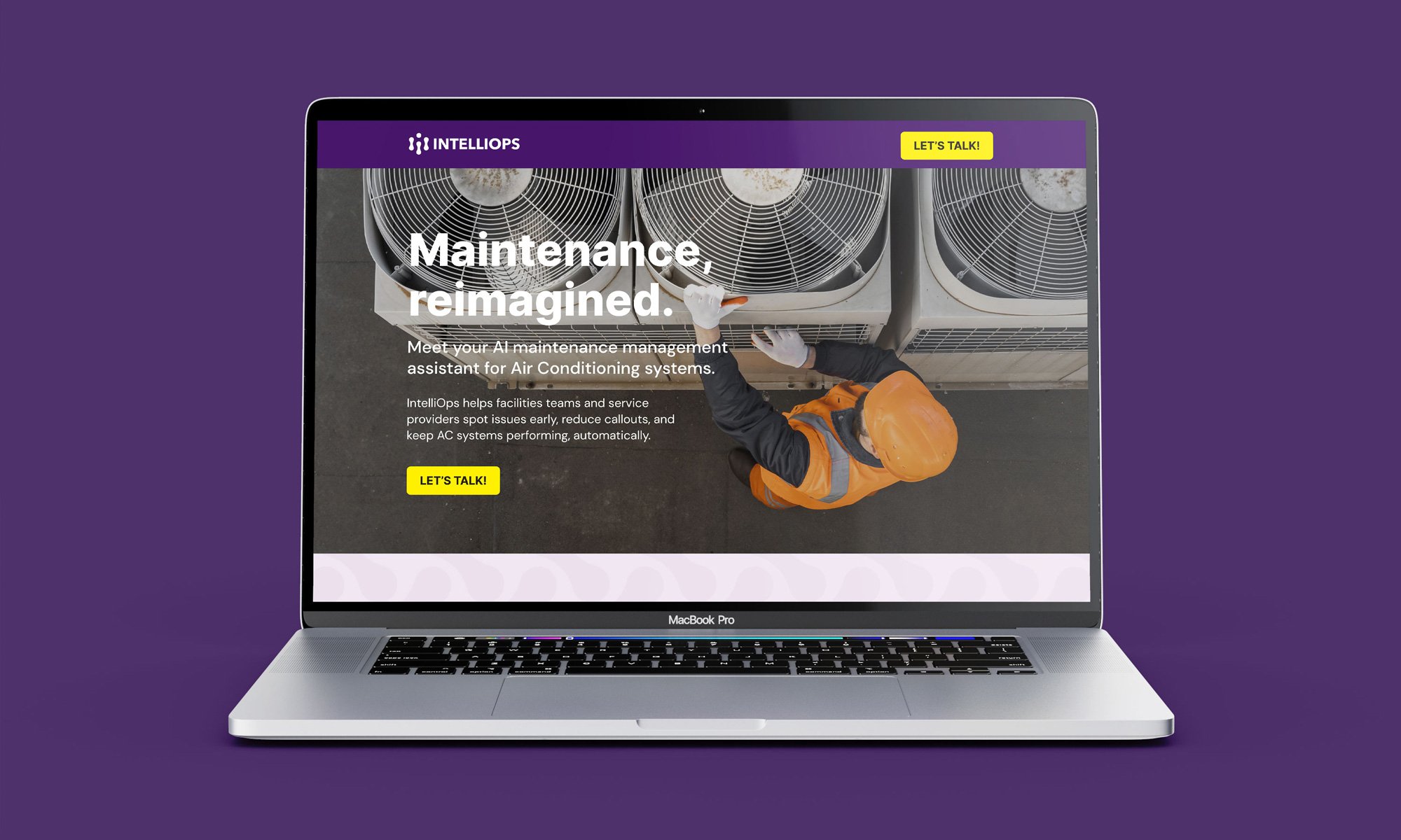 IntelliOps SaaS website displayed on laptop showing HVAC platform homepage design