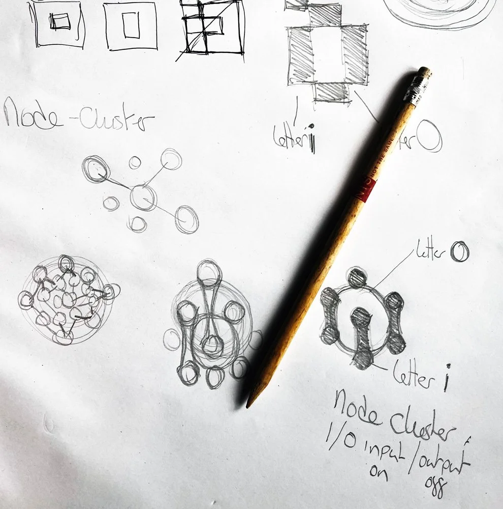 Early logo sketches for IntelliOps showing node cluster concept and input-output idea
