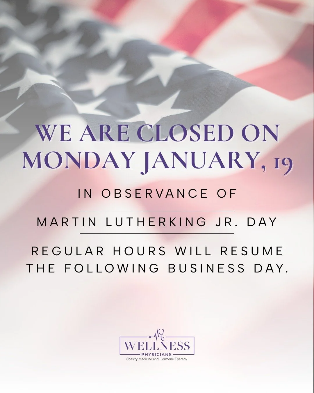 Taking a moment to honor Dr. Martin Luther King Jr.'s legacy on Monday, January 19th. Our office will be closed, but we'll be back and ready to support your wellness journey on Tuesday. 💜