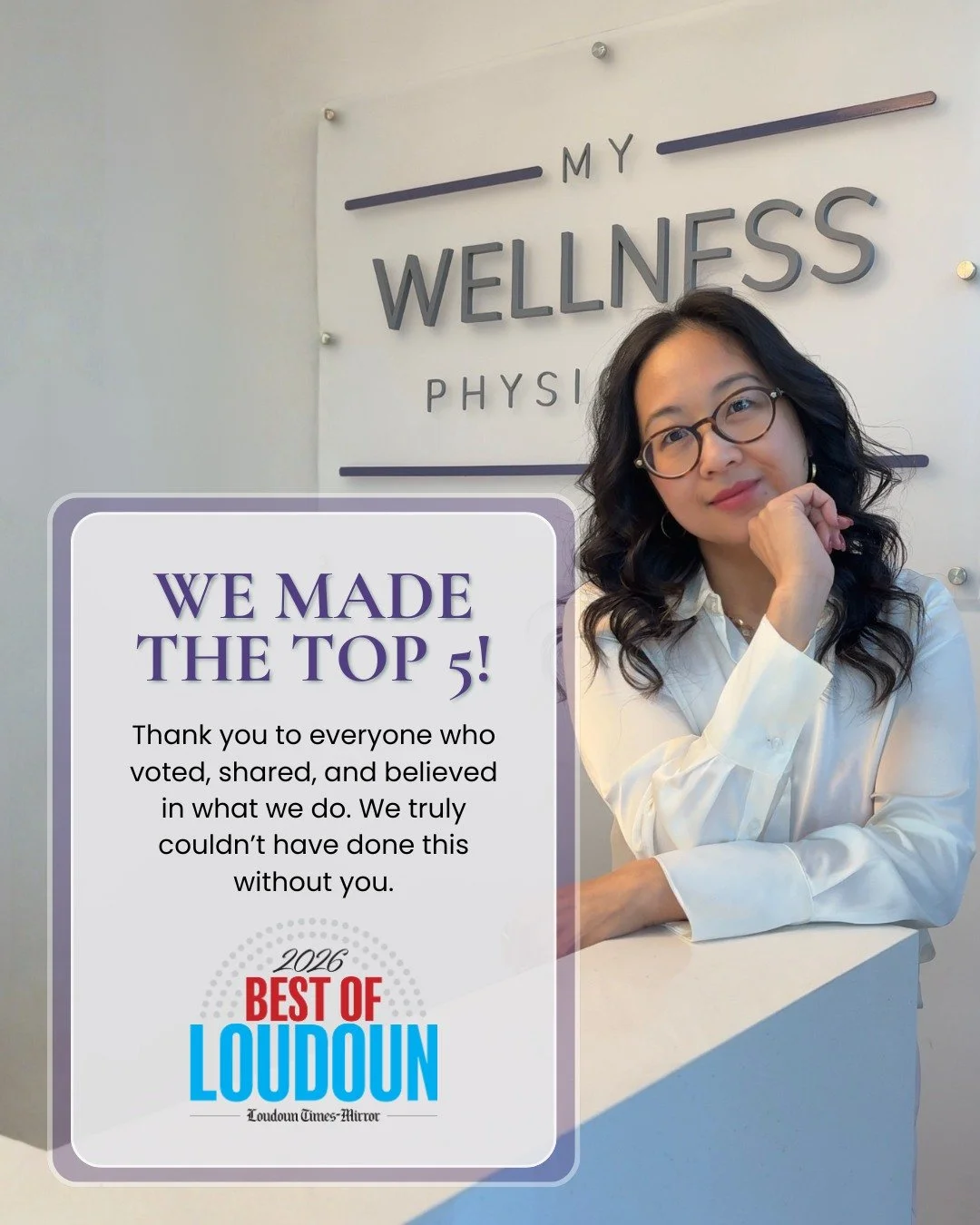 We Made the Top 5! 🎉

Because of your incredible support, My Wellness Physicians has made it to the Top 5 for Best of Loudoun in the Wellness Category!

This recognition means so much to us because it reflects the trust our community has placed in o