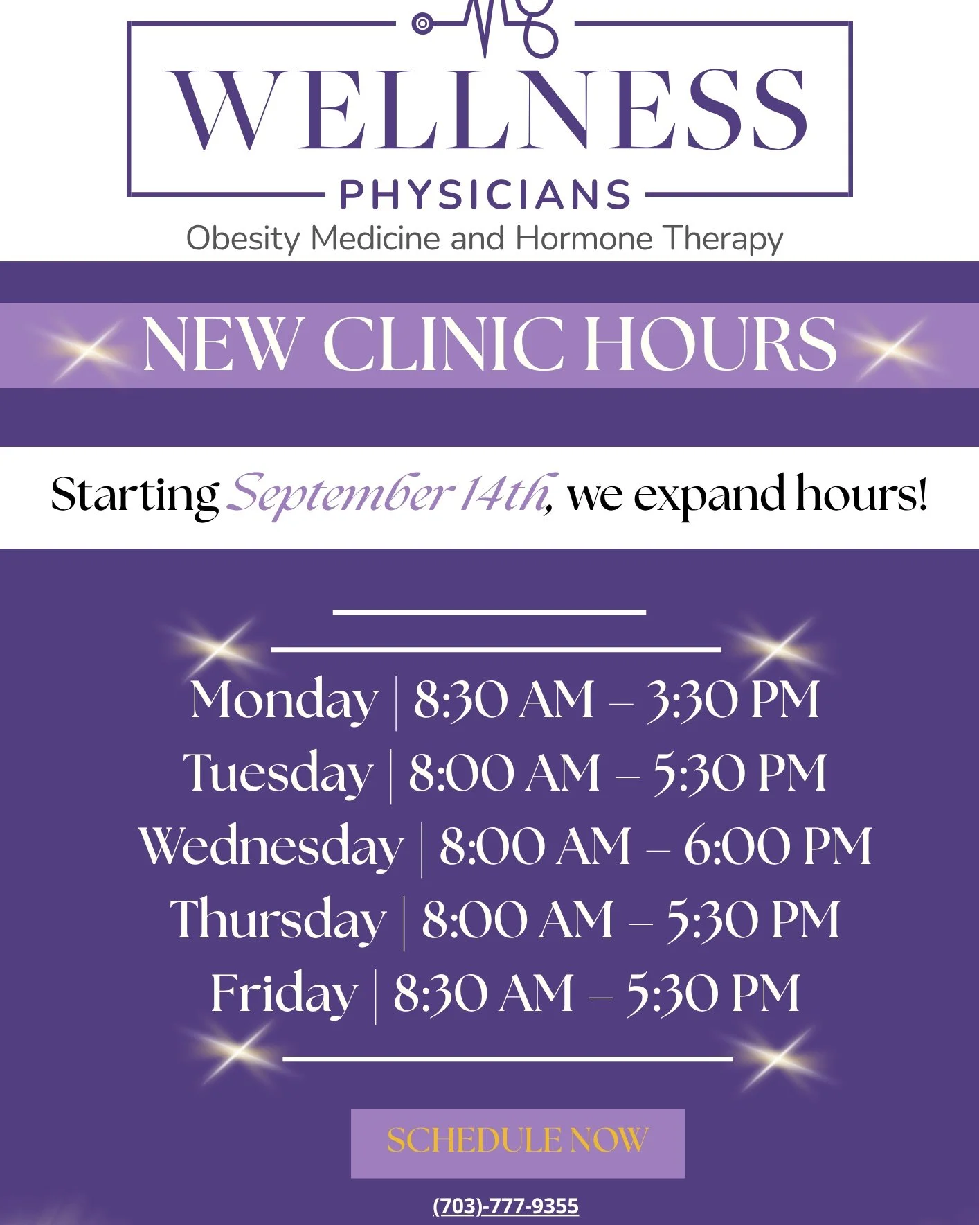 NEW CLINIC HOURS STARTING SEPTEMBER 14TH!

We&rsquo;re excited to share our updated clinic hours! Our NEW SCHEDULE allows us to better serve you and provide more opportunities for your care and wellness needs.

🗓 Monday: 8:30 AM &ndash; 3:30 PM
🗓 T