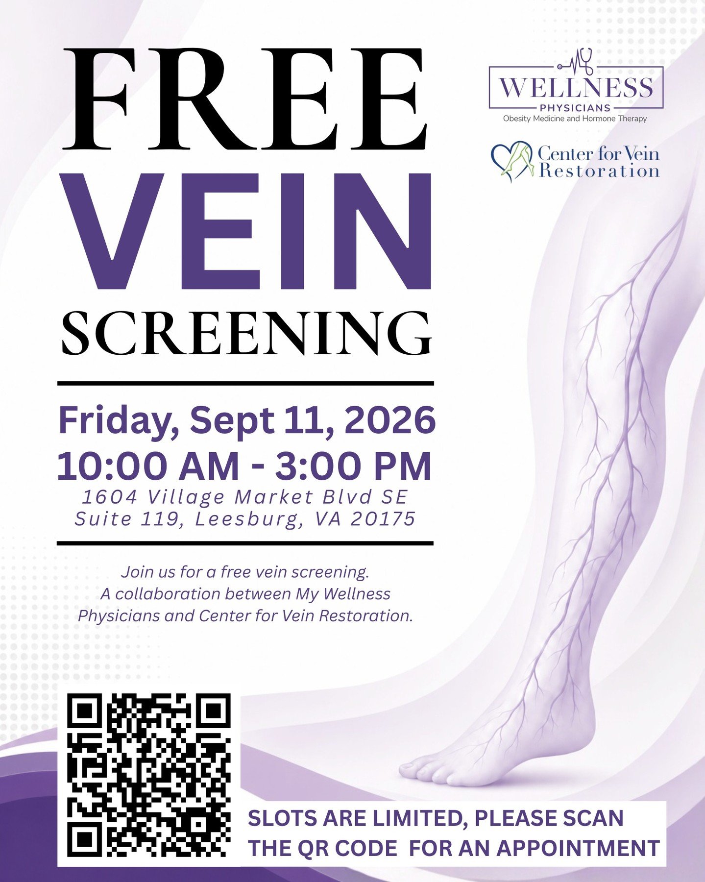✨ FREE VEIN SCREENING EVENT ✨

Take the first step toward better vein health! 💜 Join us for a FREE Vein Screening on:

📅 Friday, September 11, 2026
⏰ 10:00 AM &ndash; 3:00 PM
📍 1604 Village Market Blvd SE, Suite 119, Leesburg, VA 20175

This speci