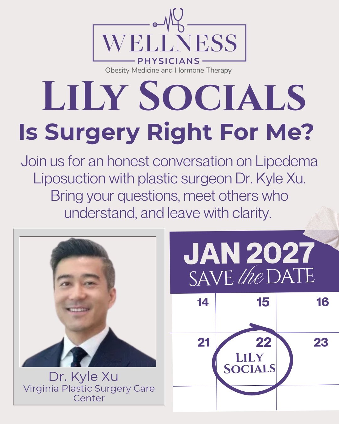 📅 SAVE THE DATE 💜
Our next LiLy Social is Friday, January 22, 2027!

Is Surgery Right for Me? An honest conversation on Lipedema liposuction

New research in The Lancet (LIPLEG trial, Sept 2026) followed 410 women with lipedema. At 12 months, 68% o