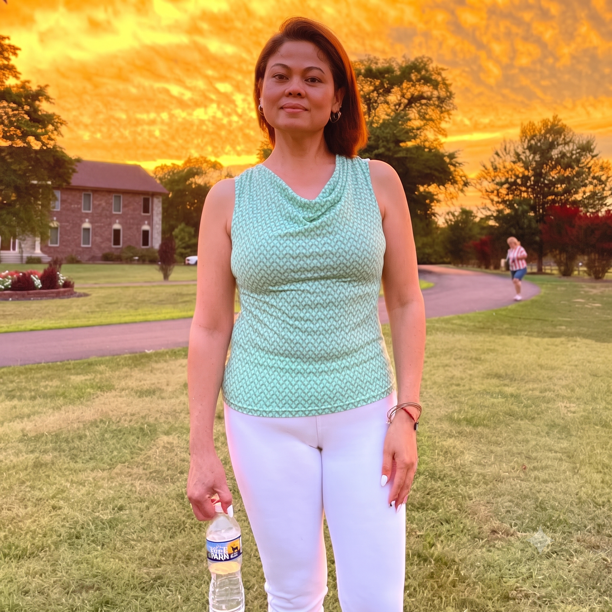 Woman standing outdoors on grass during a sunset, holding a water bottle, wearing a sleeveless green patterned top and white pants, with a house and trees in the background.