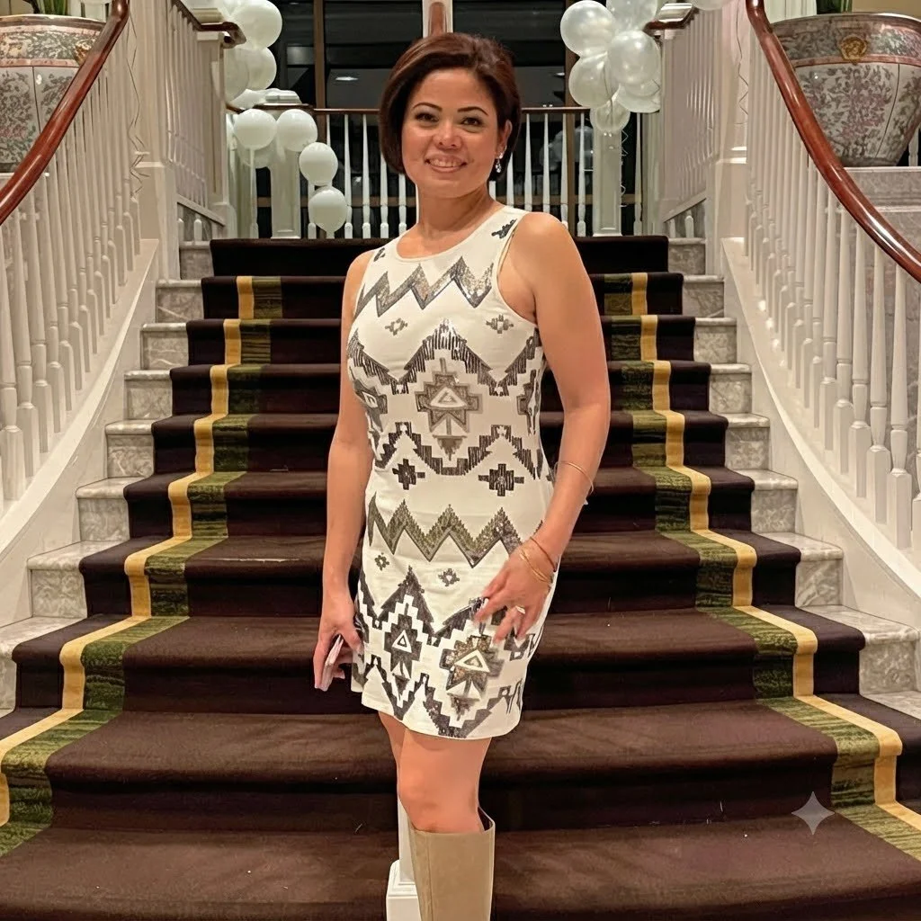 A woman with short dark hair in a sleeveless, patterned dress stands on a staircase decorated for a celebration, with white balloons in the background.