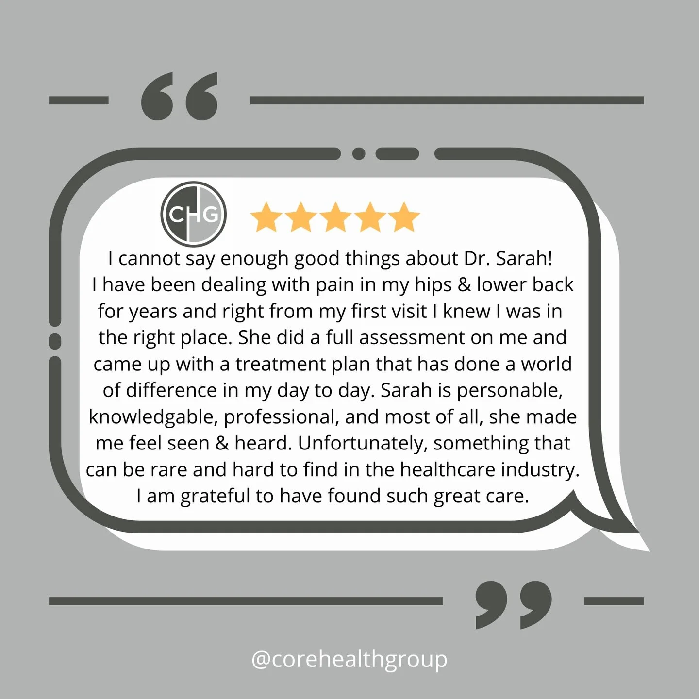 This, right here, is why we do it 🥹 

We love reading about what coming to CORE Health Group has done for you 🤩

Ready to crush your goals?! 💪

Call us today at (506) 288-2673 or book online 📲

#uptownsj #chiro #physio #massage #wellness