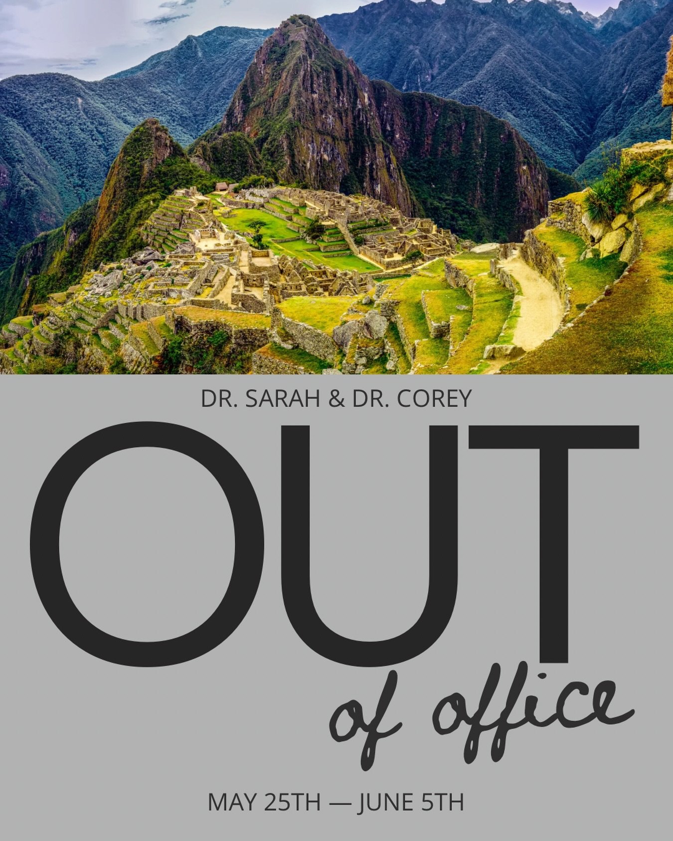 A friendly reminder that Dr. Sarah and Dr. Corey will be away from the clinic for 2 weeks, May 25th to June 5th 🗓️

If you need to get in for a chiropractic appointment next week before they set off to Peru, give us a call at (506) 288-2673 or check
