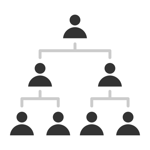 A grayscale organizational chart with a single top-level person connected to two middle-level people, each of whom supervises three people at the bottom level.
