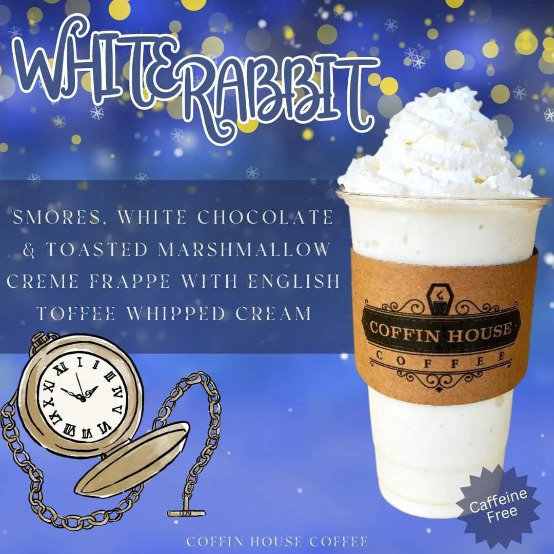 Feature 📢 Fridaaay! 
Follow the foot prints down the rabbit hole with the White Rabbit🎩
Don't be late 🕰 this creme frappe is packed with goodness! Bringing together all the wonderous flavors of Smores, English Toffee &amp; White Chocolate! This on