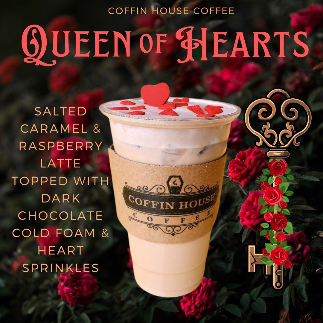 It's Feature Friday!! All month long we have Down the Rabbit Hole - Alice in Wonderland inspired menu! First on our feature list is Queen of Hearts 
&hearts;️🃏
This latte is sure to rule wonderland with it's creamy but tart flavors of salted caramel