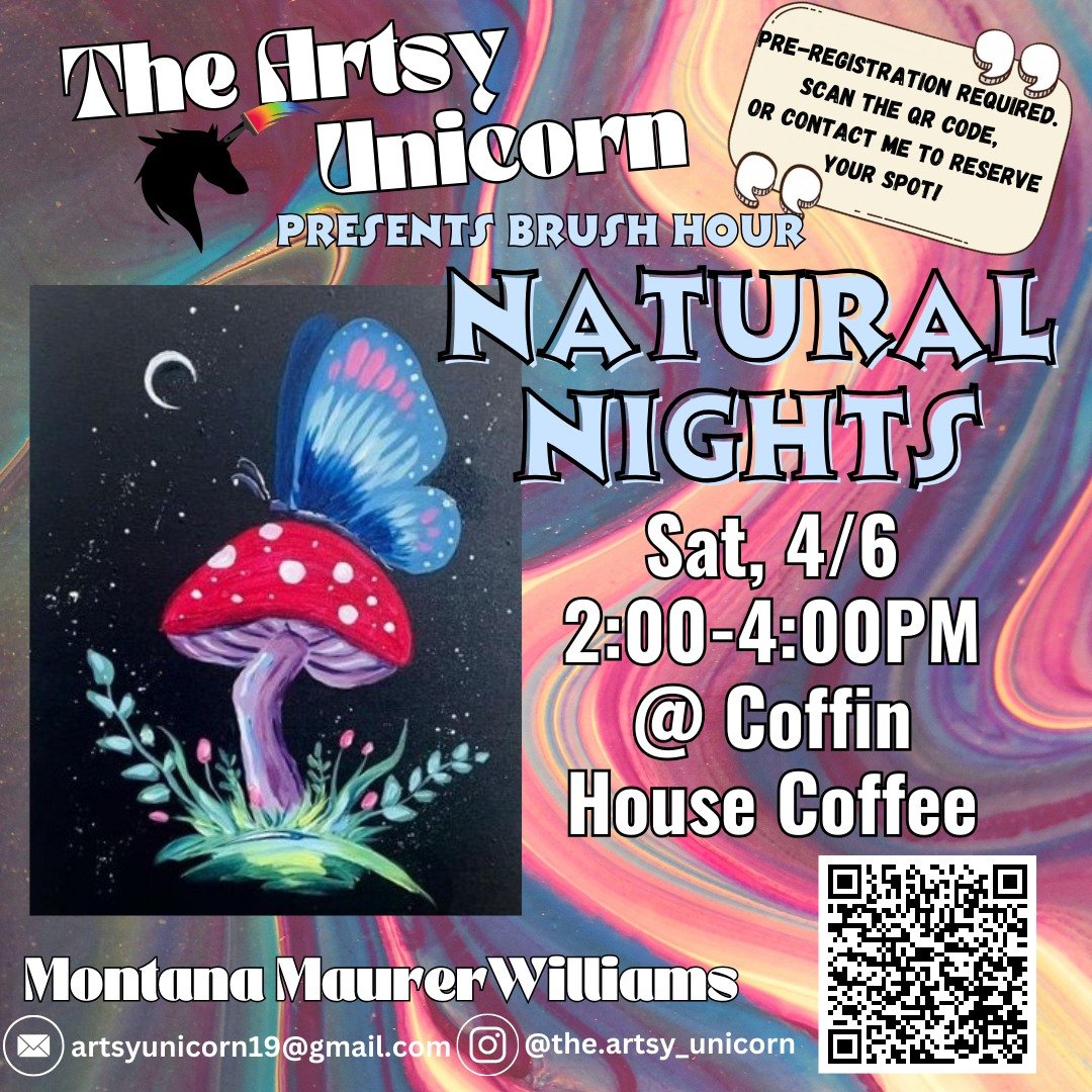 We're Celebrating Life with a Paint Party!
🎨
Come join us Saturday, April 6th from 2PM-4PM for Brush Hour with Montana Maurer Williams! Pre-registration is required via QR code on this flyer or contacting Montana Maurer Williams @the.artsy_unicorn. 