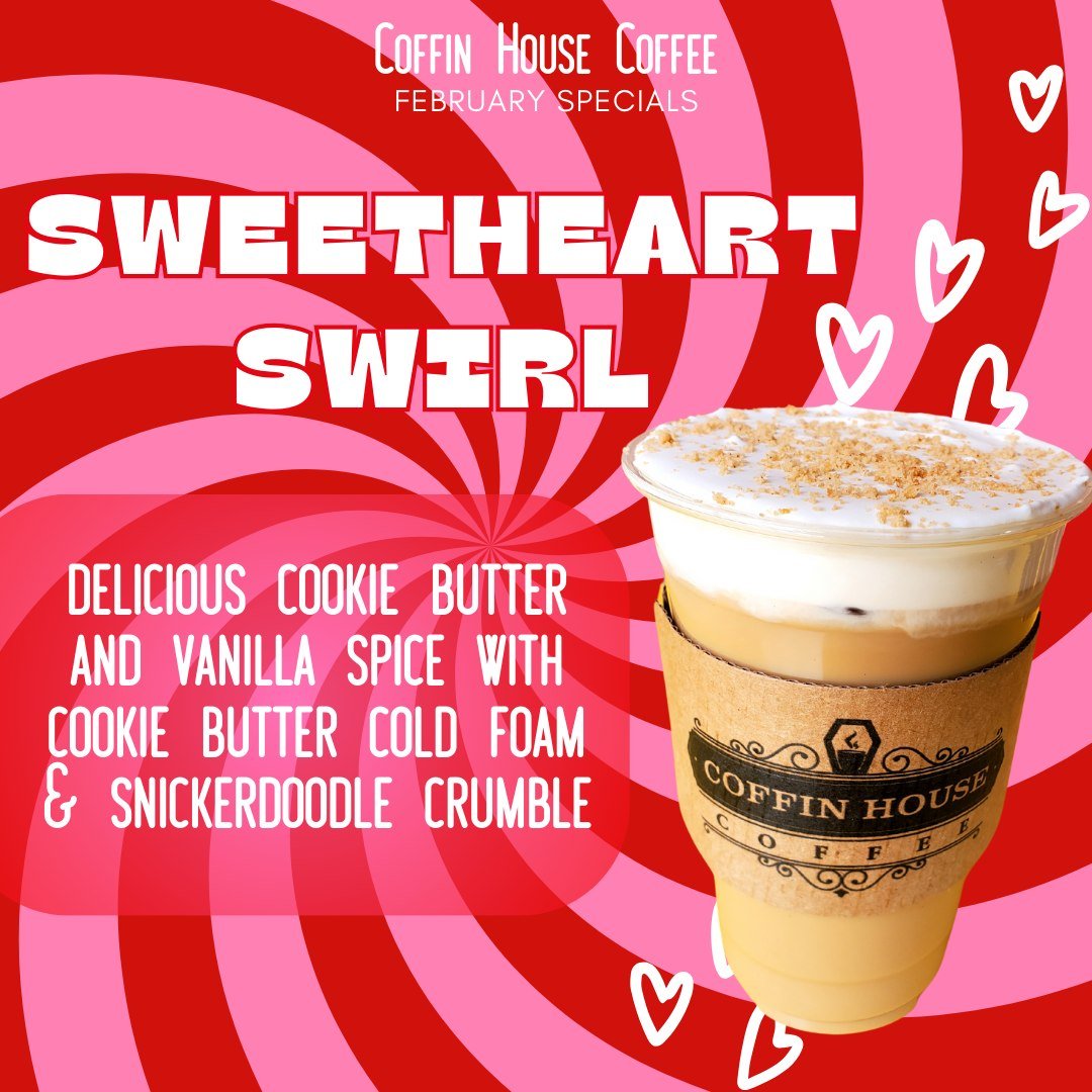 FEATURE FRIDAY! Last but certainly not least is SWEETHEART SWIRL!
🍪
This SWEEEEET latte is melt in your mouth cookie butter, vanilla spice and that absolutely delicious cookie butter cold foam sprinkled with snickerdoodle cookie crumble!
💘
This spe