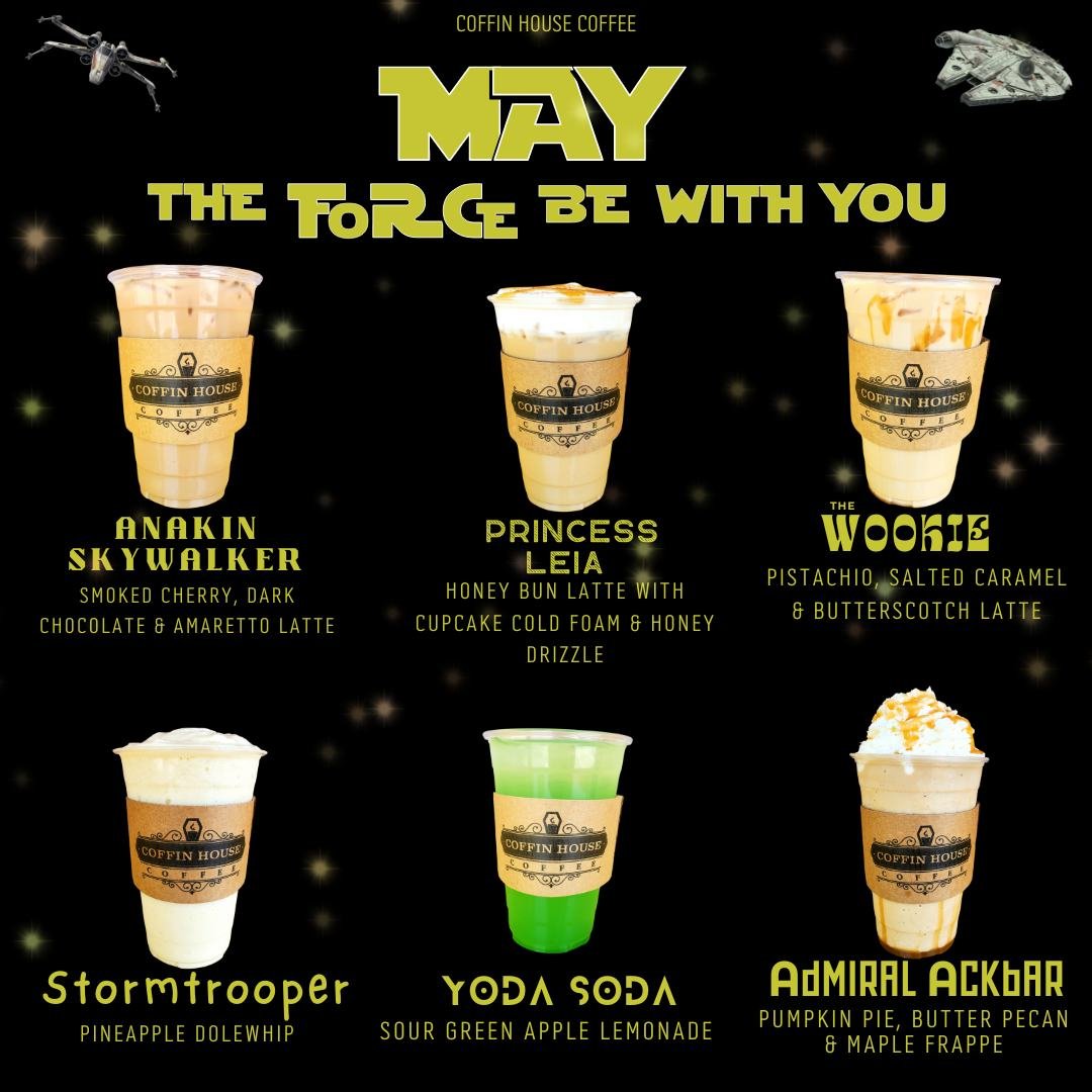 We're flying into our next monthly special with MAY the Force be with You!
💫
This menu is from a galaxy far far away! Highlighting some of our favorite characters and some hidden puns, can you find them? This Star Wars celebration will take place al