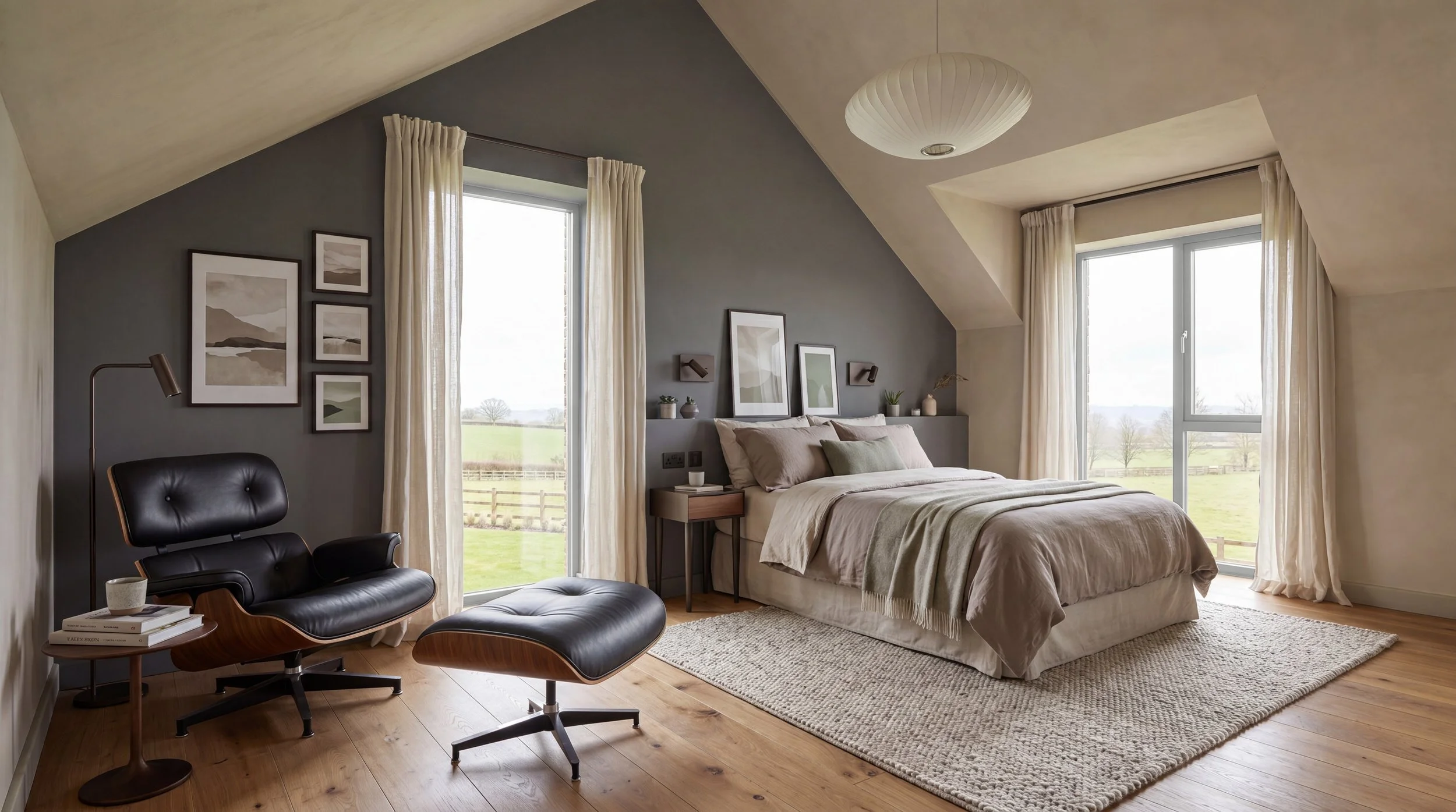 Artist's impression: latest CGI/AI of Langsett View - bedroom with large windows showing a green outdoor landscape.