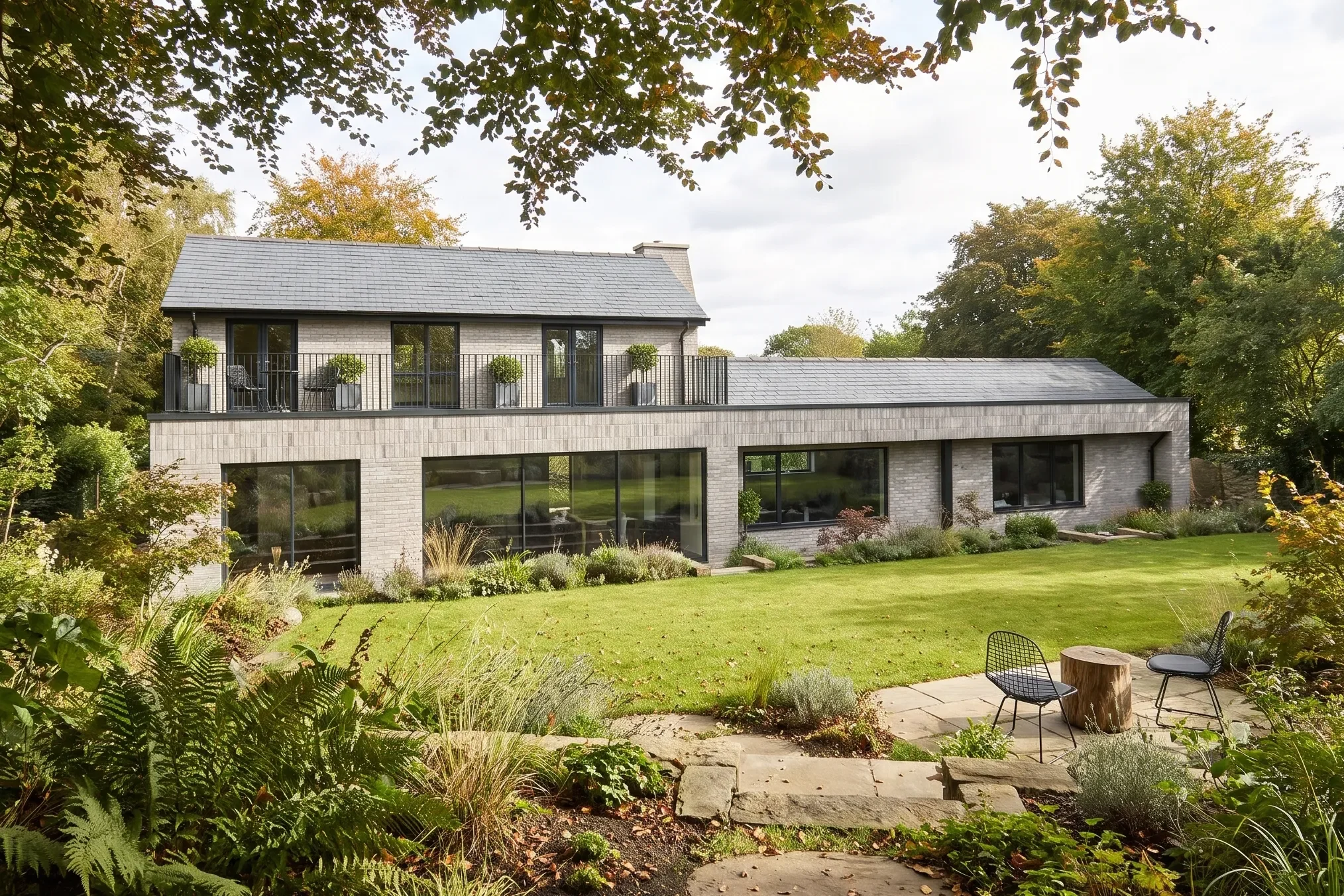 Pale brickwork and generous glazing give the garden elevation a fresh identity