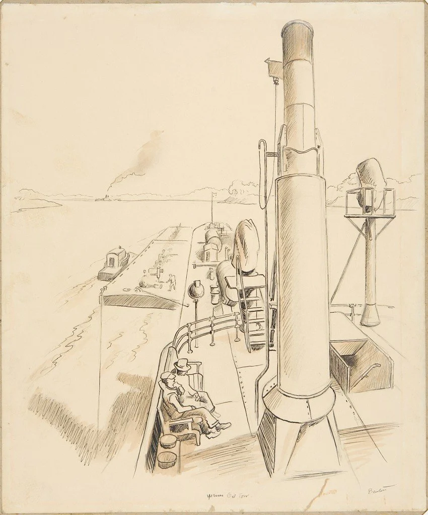 Upriver Oil Tow (1945) by Thomas Hart Benton (Drawing)