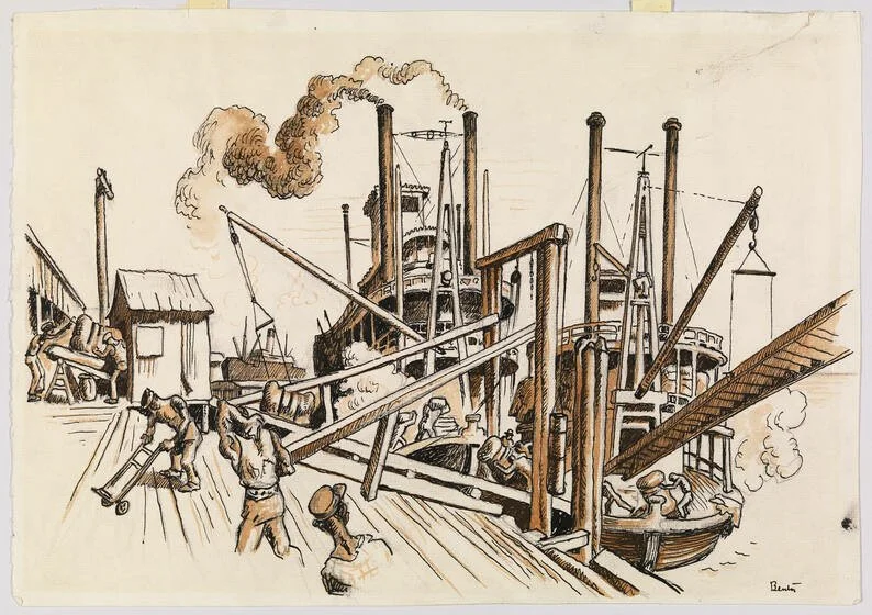 Dock Scene (1928) by Thomas Hart Benton (Drawing)