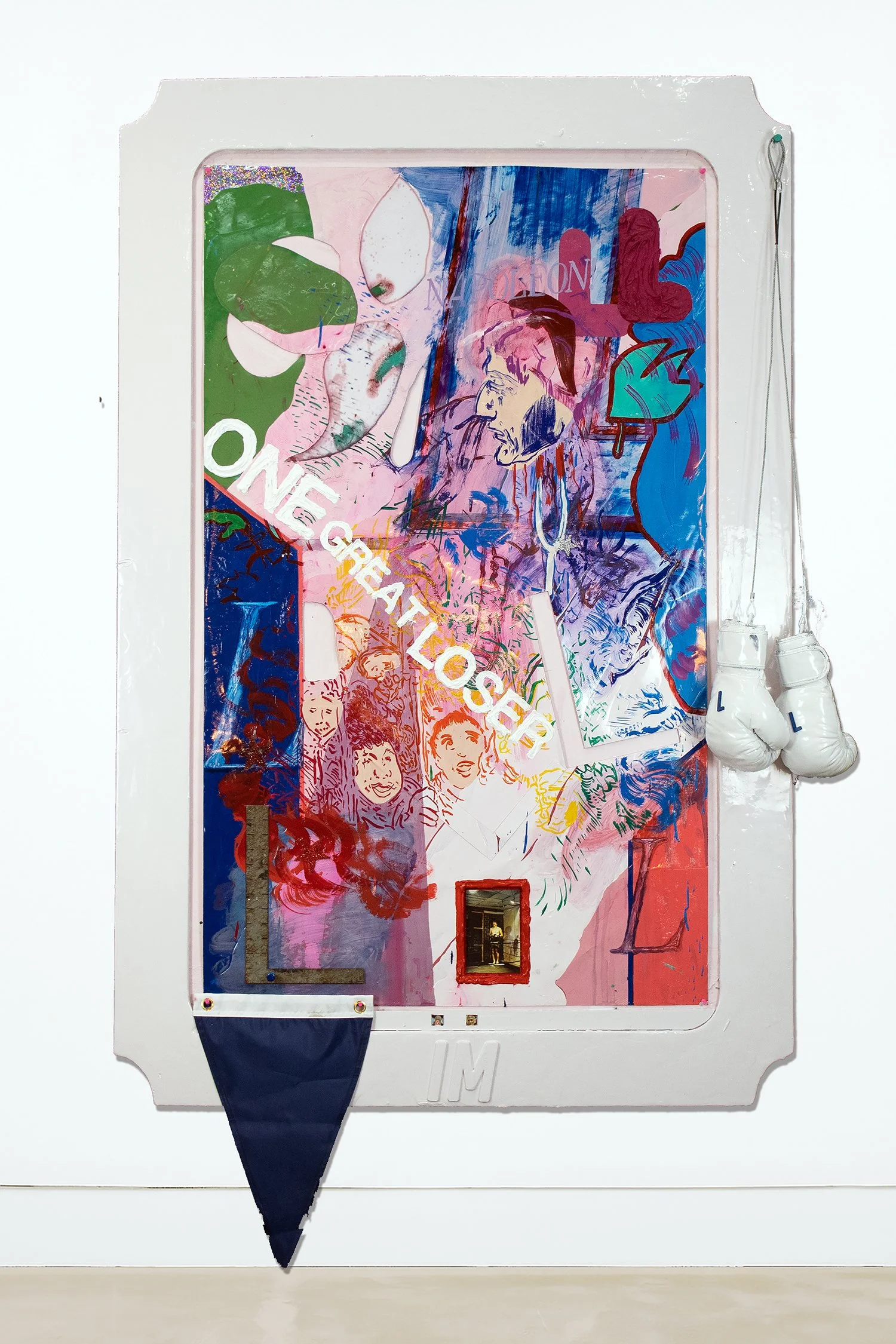 Mixed media artwork on a wall featuring colorful illustrations of people, abstract shapes, and the words "ONE GREAT LOGO".