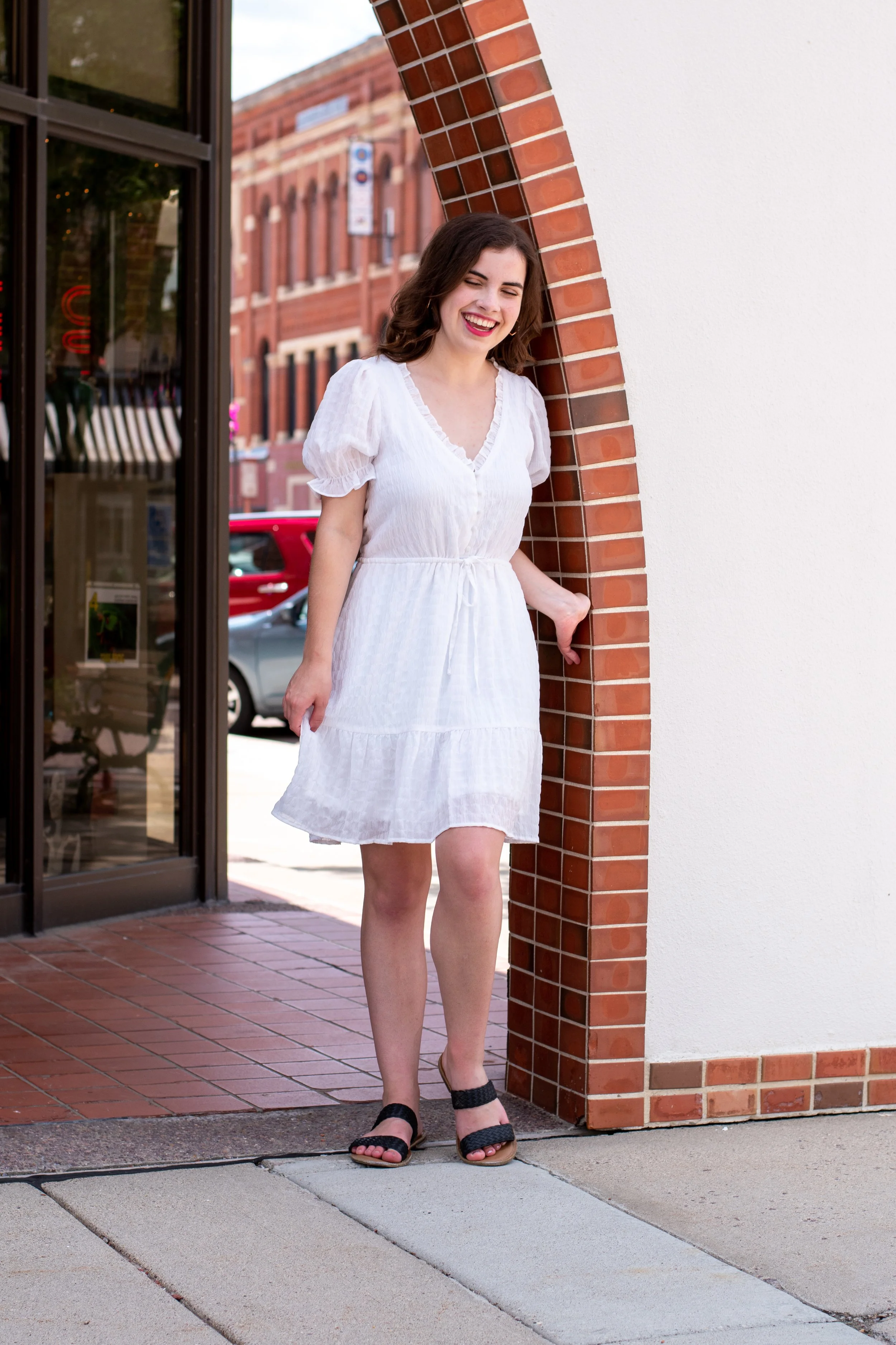 Storefront Senior photo in downtown New Ulm.