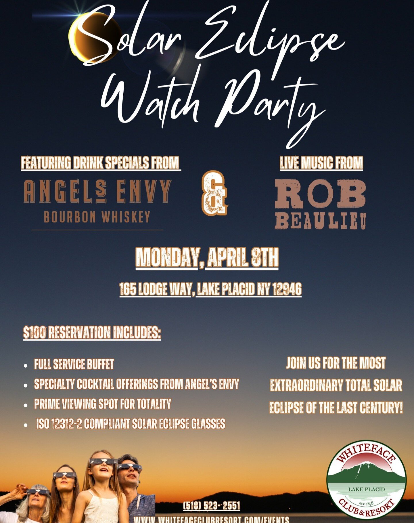 April 8th! Join us for the Solar Eclipse Watch Party at the Whiteface Club and Resort! The Rob Beaulieu Band will be playing plus a buffett, drinks, and more! Call today to reserve your seat for the best viewing spot for this extraordinary event! #li