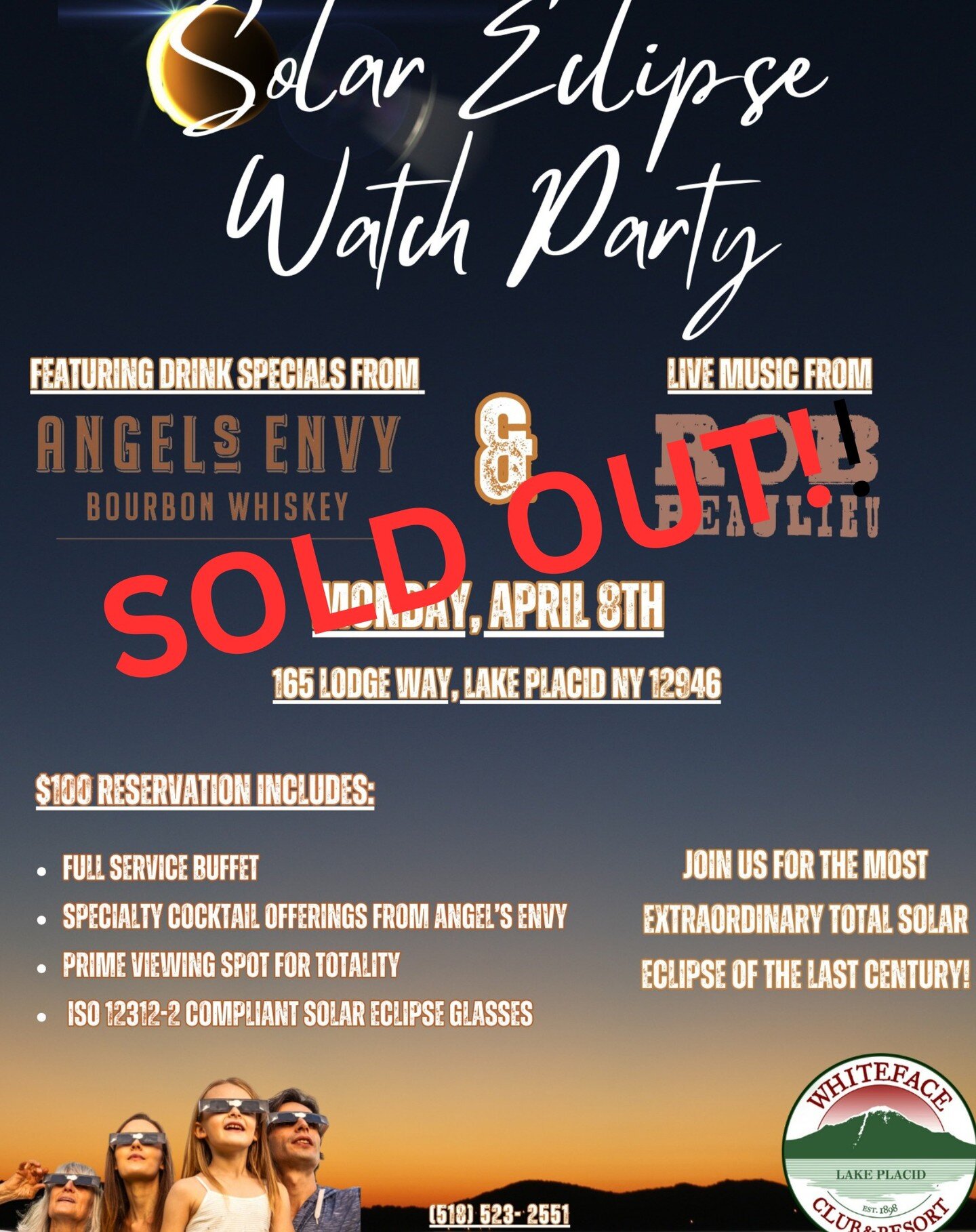 Happy Sunday! Just a heads up... our show tomorrow at the Whiteface Club and Resort for the Solar Eclipse Watch Party is officially SOLD OUT! This is going to be a fun show and we are excited to play for such an epic event! Thanks for the support and