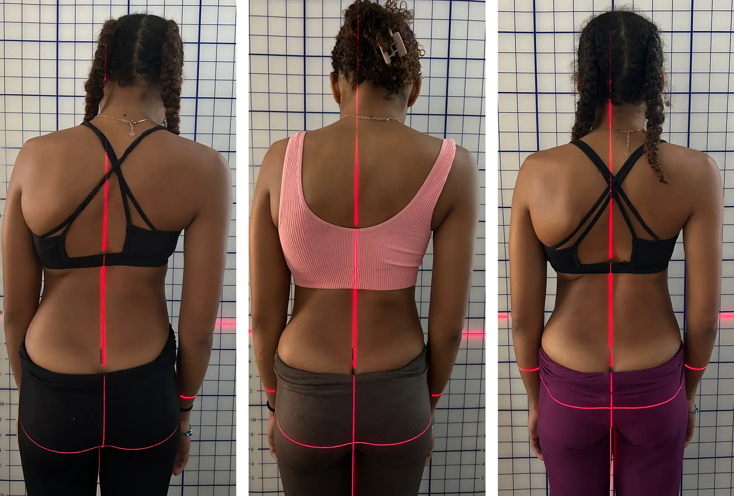 standing before and after with a red vertical line across their back, in front of the posture grid