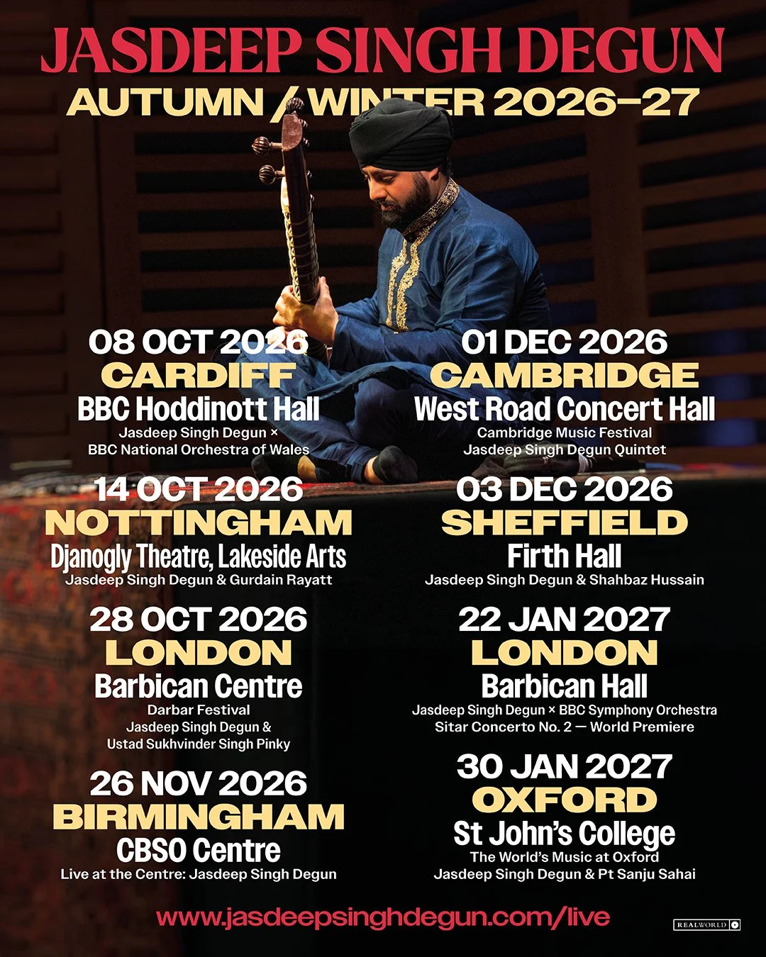 Tour poster for Jasdeep Singh Degun's autumn/winter 2026-27 concert series, featuring tour dates and locations in Cardiff, Cambridge, Nottingham, Sheffield, London, Birmingham, and Oxford, with a background image of Jasdeep Singh Degun playing the sitar.