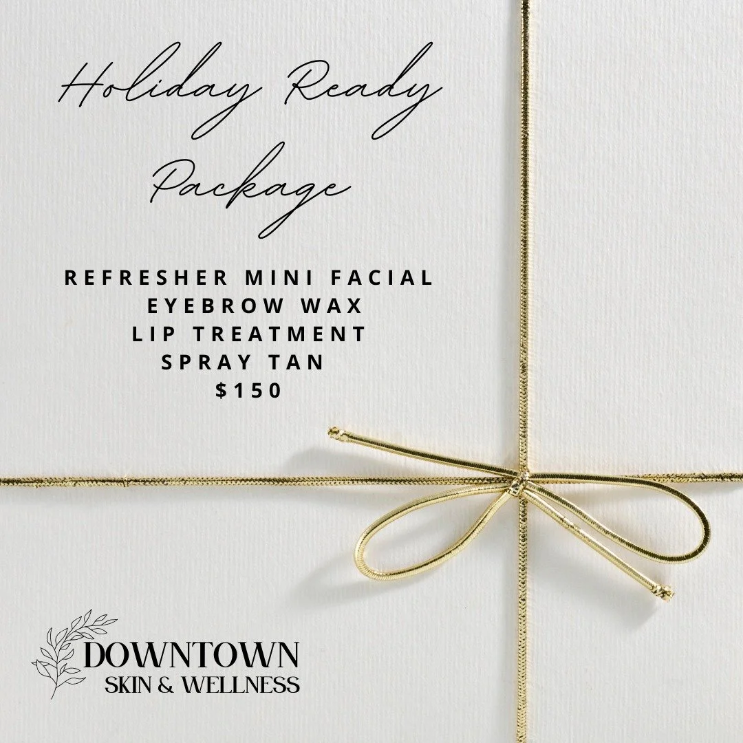 Last chance to lock in your holiday glow. ⏰✨ The Holiday Ready Package is available this month only and perfect for Christmas events and New Year&rsquo;s Eve. Mini facial, brow wax, lip treatment, and spray tan all for $150.

Appointments are Limited