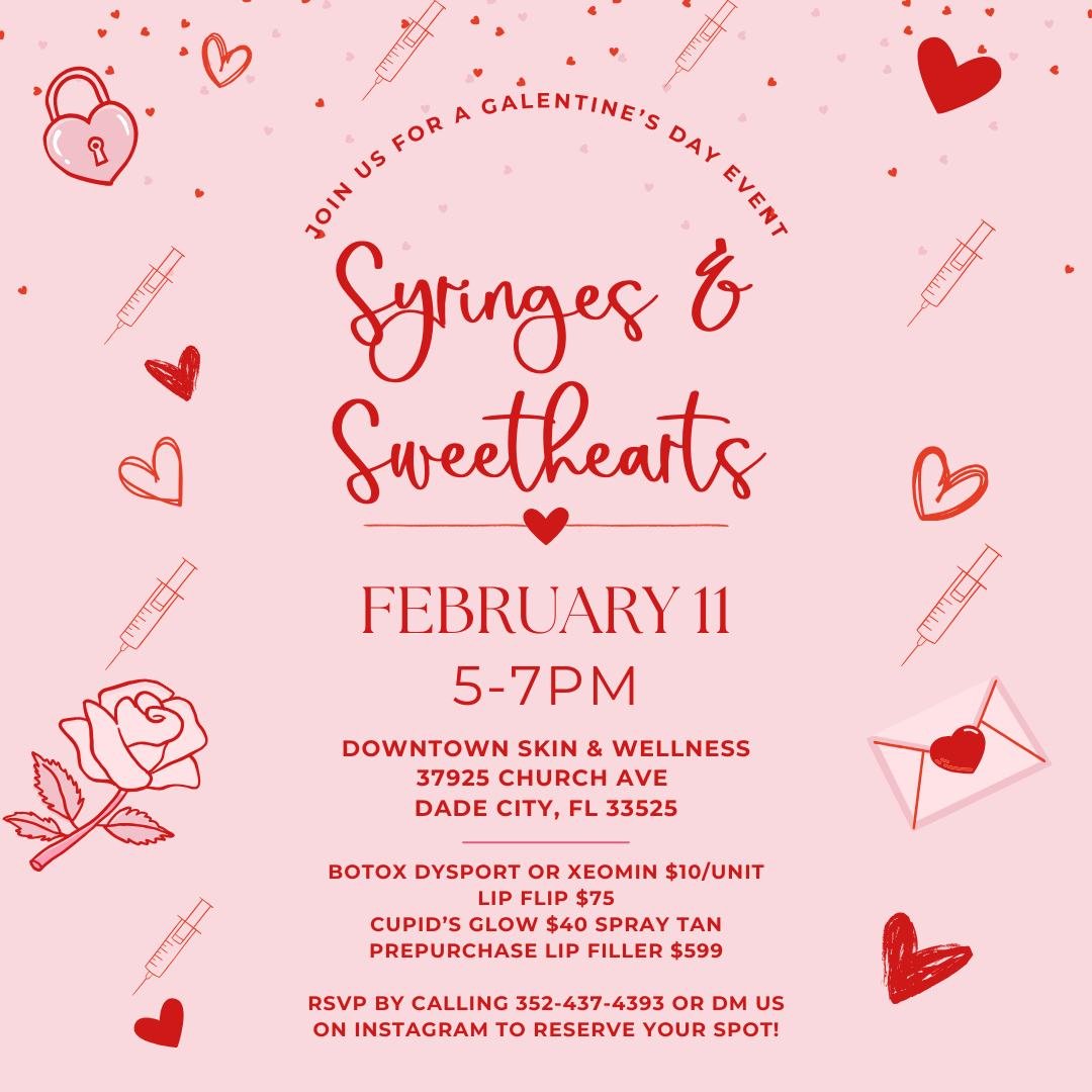 Just a reminder: next Wednesday is our Galentine&rsquo;s event you won&rsquo;t want to miss 💕

Syringes &amp; Sweethearts is happening February 11 from 5&ndash;7 PM at Downtown Skin &amp; Wellness. Join us for injectable specials, glow-ups, and a fu