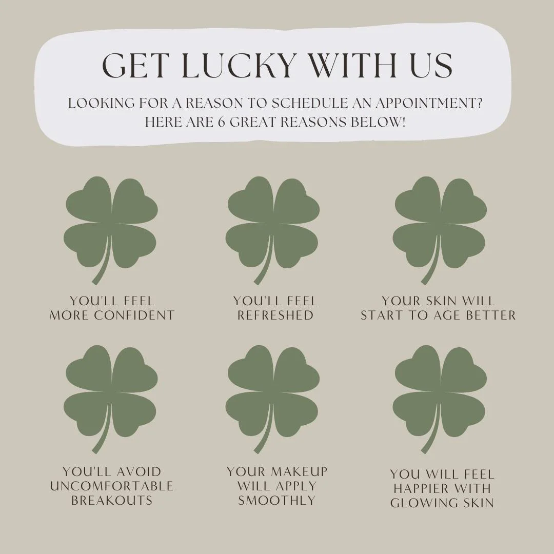 Lucky you.

If you&rsquo;ve been waiting for a sign to book your appointment&hellip; this is it. 🍀✨😉

Better aging.
Smoother makeup.
Fewer breakouts.
More confidence.
Happier, glowing skin.

Glow isn&rsquo;t accidental. It&rsquo;s intentional. Book