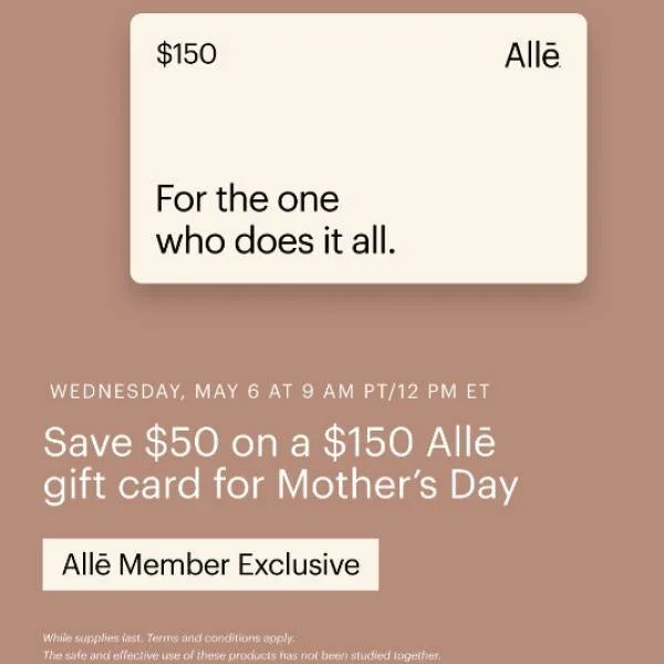 This goes out to the ones who do so much. 💐 TODAY ONLY you can save $50 on a $150 Allē gift card for Mother&rsquo;s Day.

Visit https://alle.com/mothersday to purhcase!