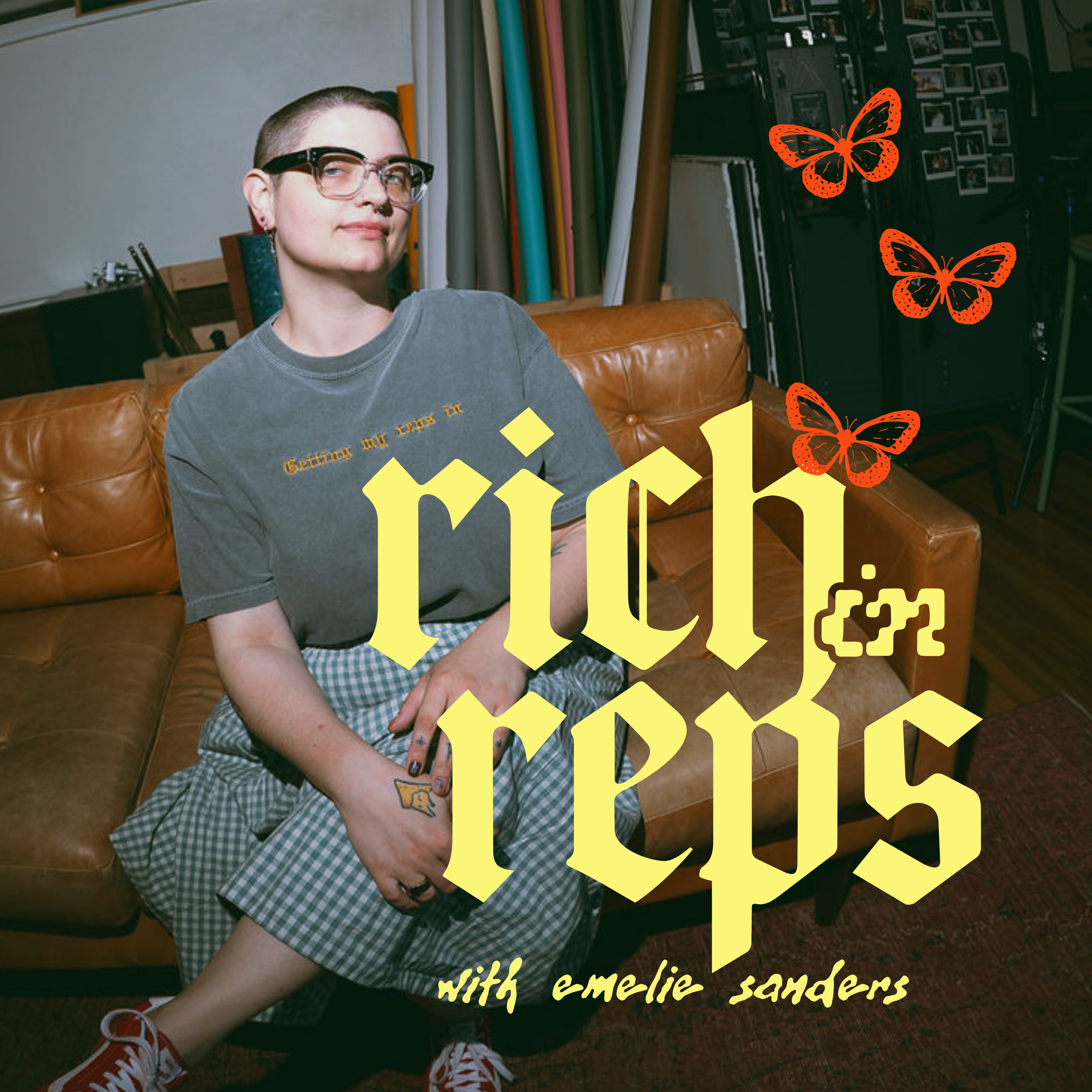 podcast cover design with a girl sitting on a couch and words rich in reps
