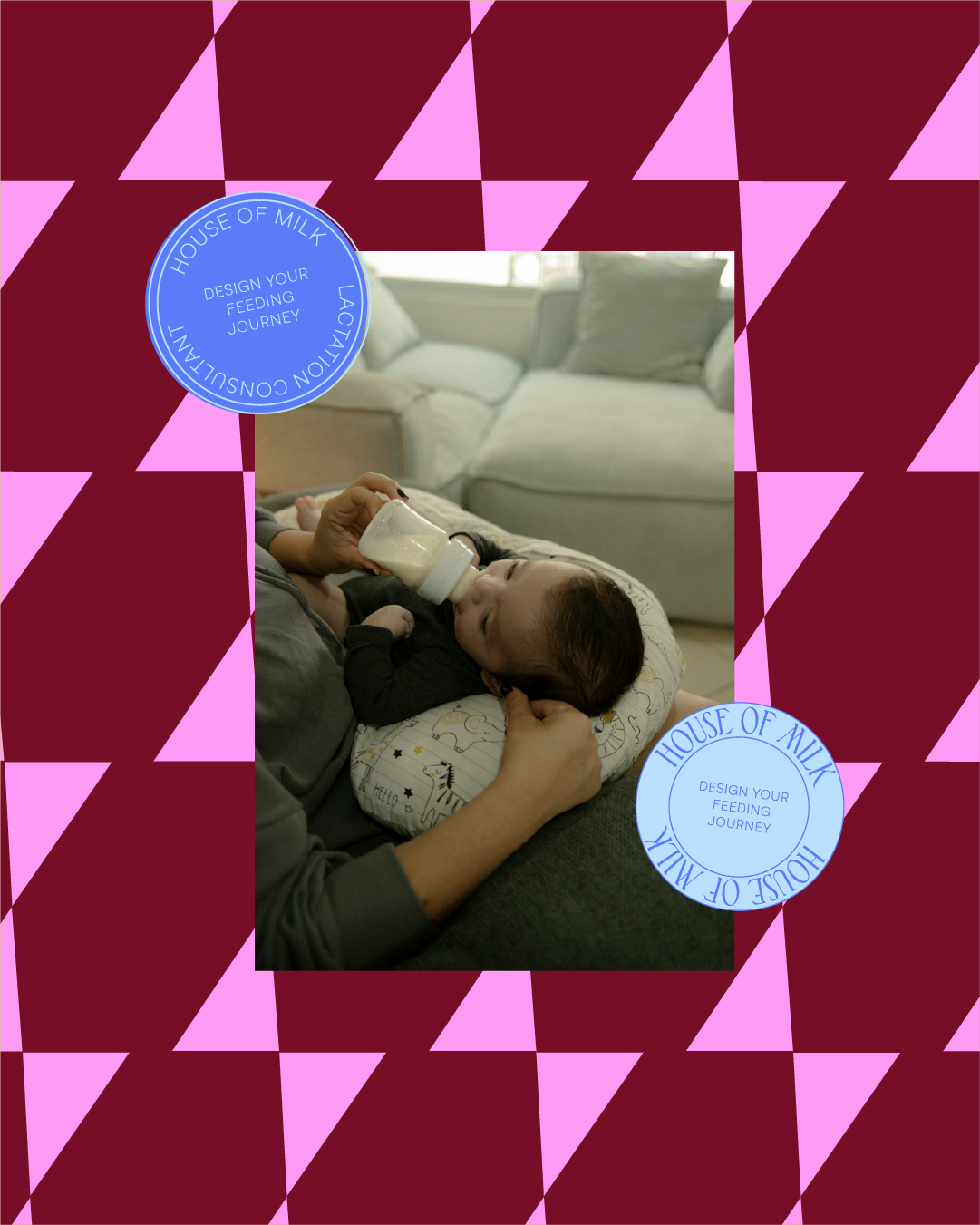 photo of baby being fed with bottle on checkered background with logos for lactation consultant
