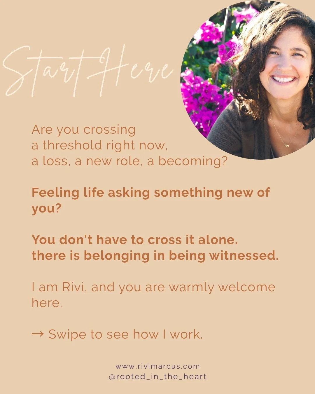 There are moments in life that ask everything of us.
And we stand in the in-between, not quite sure who we are becoming.

This threshold is sacred ground.

If you are in one of those moments, 
I see you. 
And I'd love to walk alongside you.

Swipe to