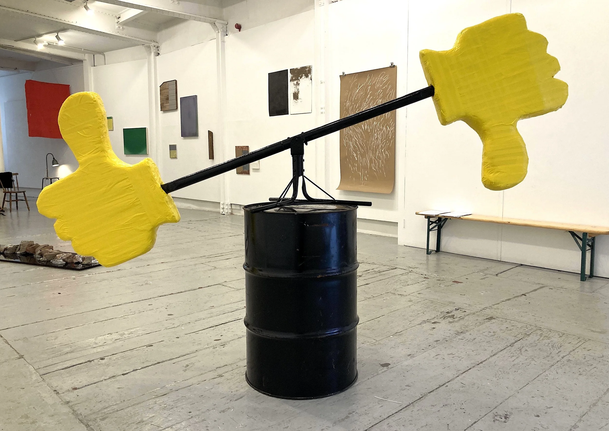 On balance (2025) repurposed children's seesaw, upholstery foam, duct tape, oil drum
Shown at SET LIST, Centrespace, Bristol with Helen Acklam, Victoria Coombes and Nicky Hodge
