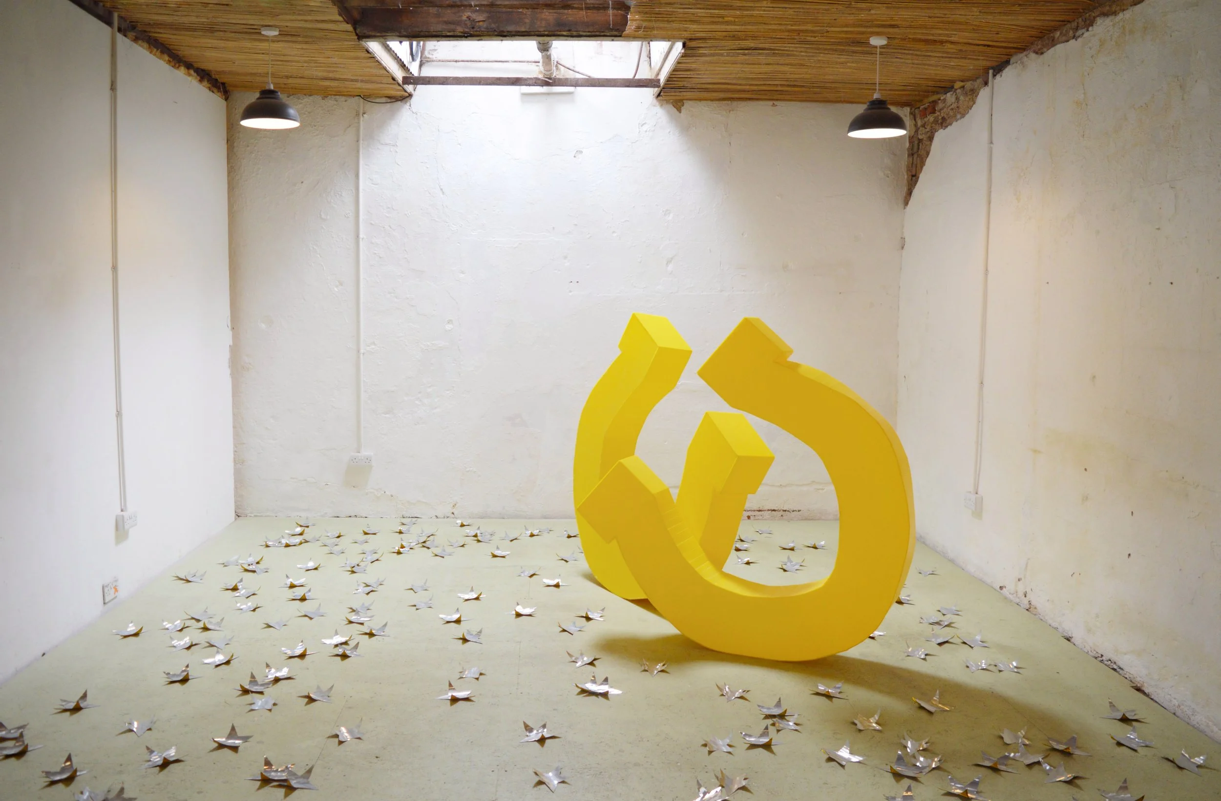 Just my luck... Fresh Salad x The Farm residency exhibition (2025)
Clipclop, yellow fluted-plastic horseshoes and Stars Beneath, 243 hand-cut vinyl stars
photo: Archie Rogers
