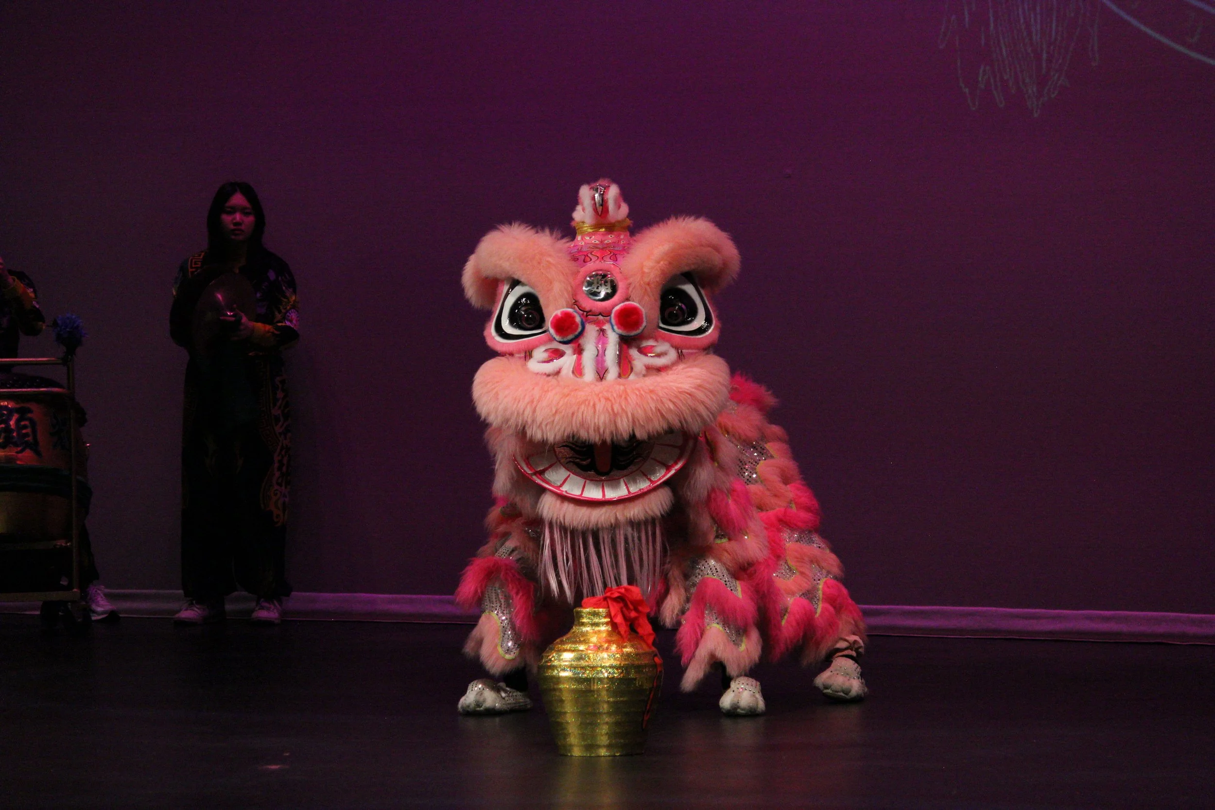 MakFai dragon dancer performing on stage at Lunar New Year Edmonds.