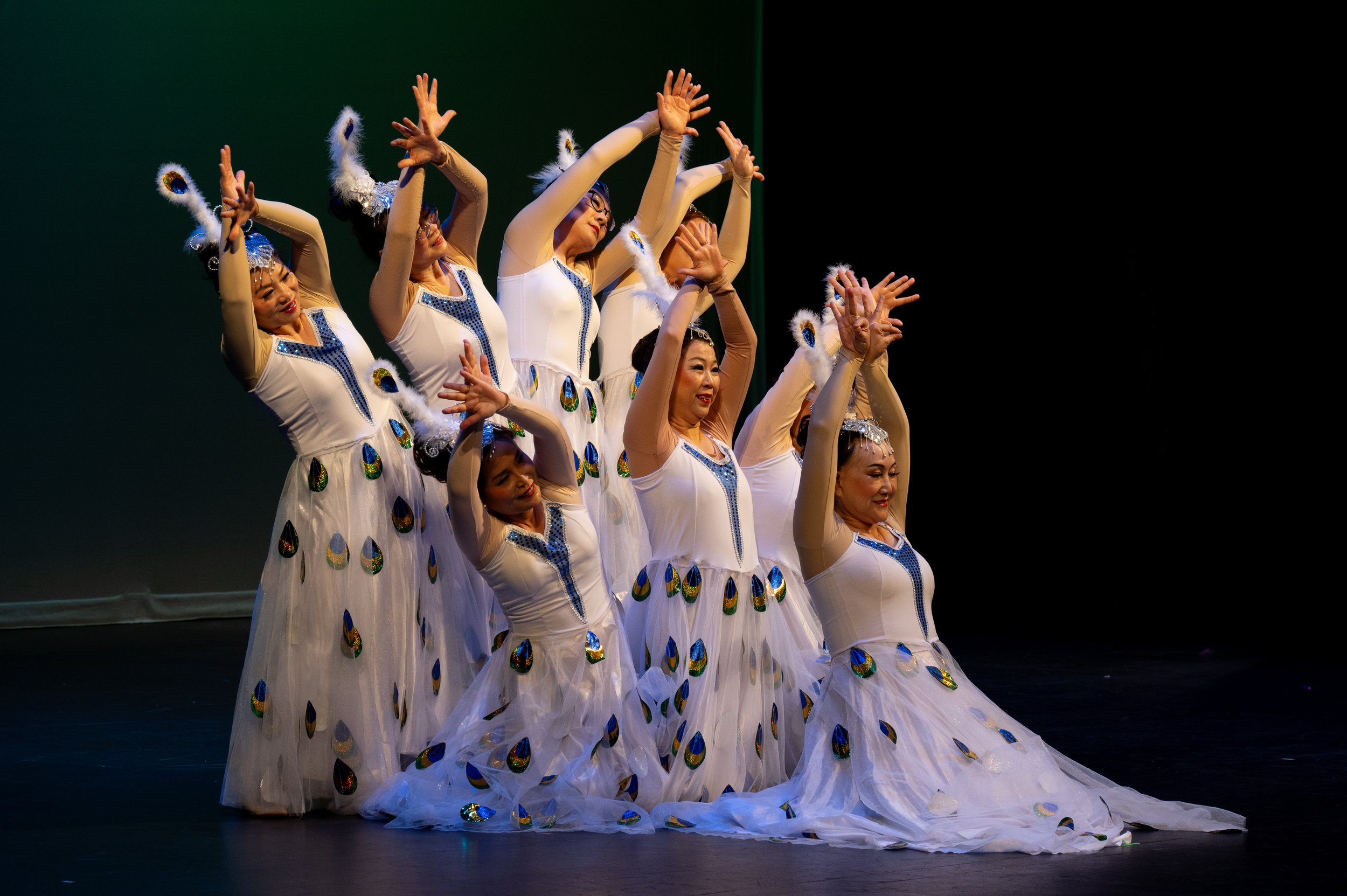 A group of older dancers from the Melody Dance Institute performing a group peacock pose in their dance on the stage.