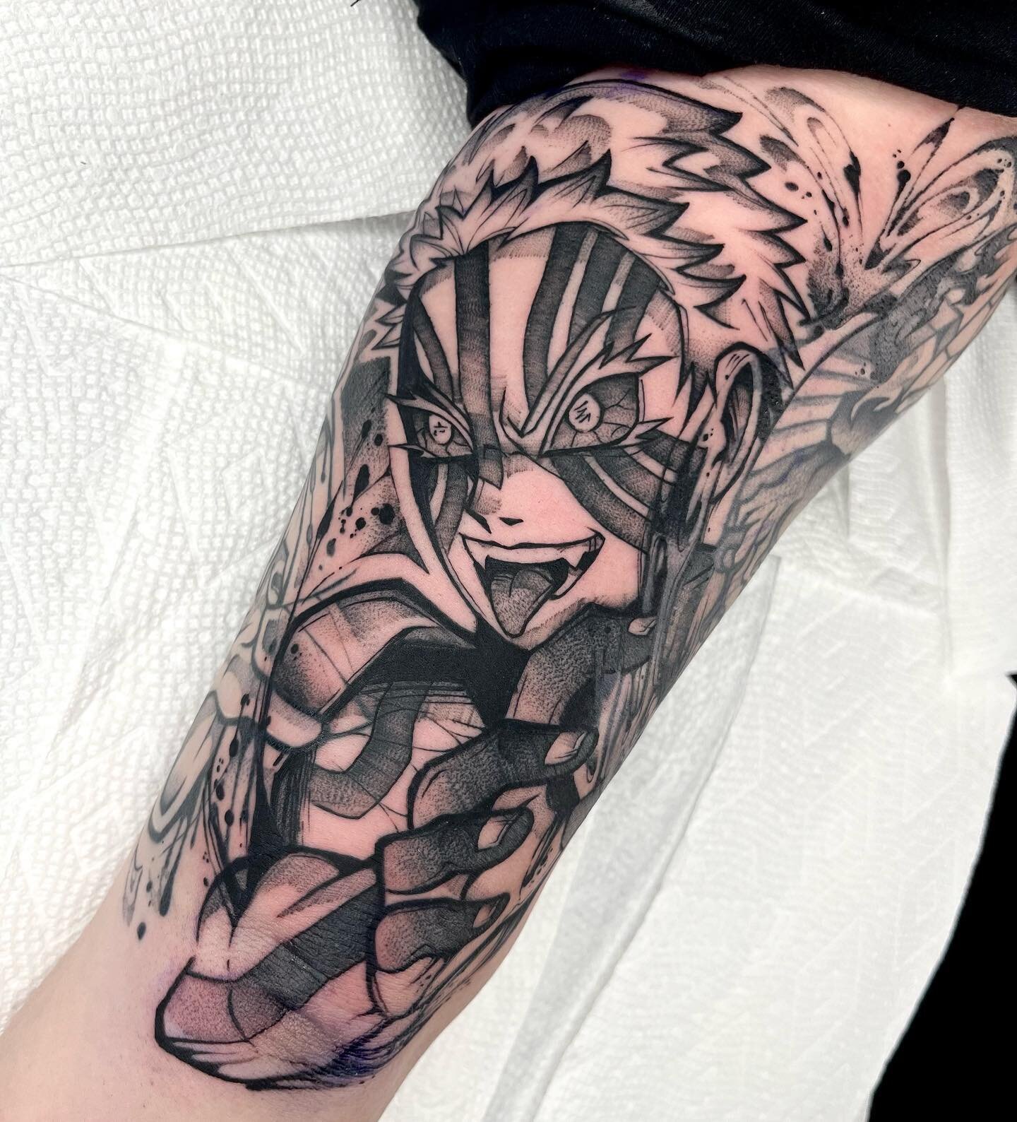 Akaza, the upper moon three, from demon slayer! I&rsquo;ve wanted to tattoo Akaza for a pretty long time, he&rsquo;s one of the better characters in general from the manga and one of my favorite designs! Thanks @elahcar for being so hardcore and lett
