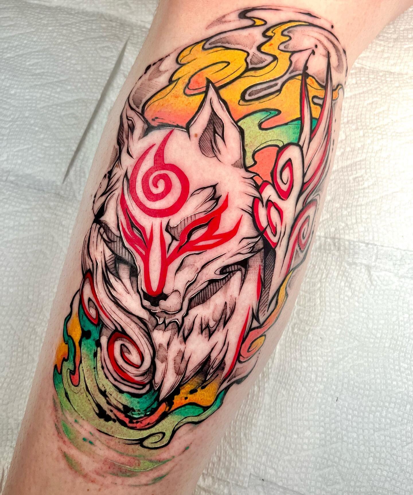 Thank you @kaijukoffee for letting me tattoo Shiranui from Okami! I *love* Okami, I probably played through it 5 or 6 times as a kid, so every chance I get to tattoo from it makes my day! I even did a bunch of color since I love it so much 
.
.
.
I&r