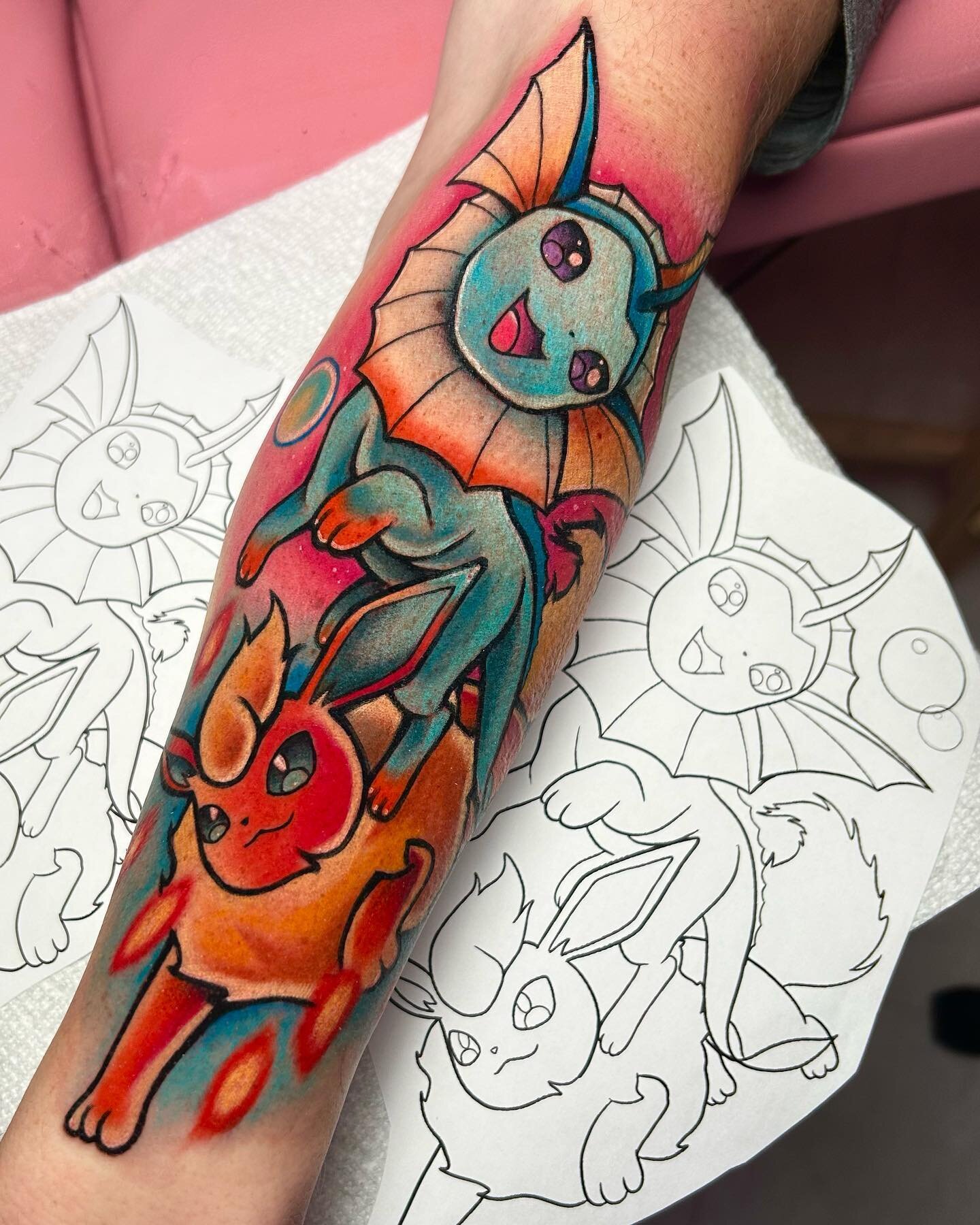 had so much fun starting this eeveelution sleeve! can&rsquo;t wait to add to it!🔥💦

 #tattoo #tattooartist #femaletattooartist #atl #atlantatattoo #atlantatattooartist
#art #kawaii #kawaiitattoo #cute #cutetattoo #anime #animetattoo #neotrad #neotr