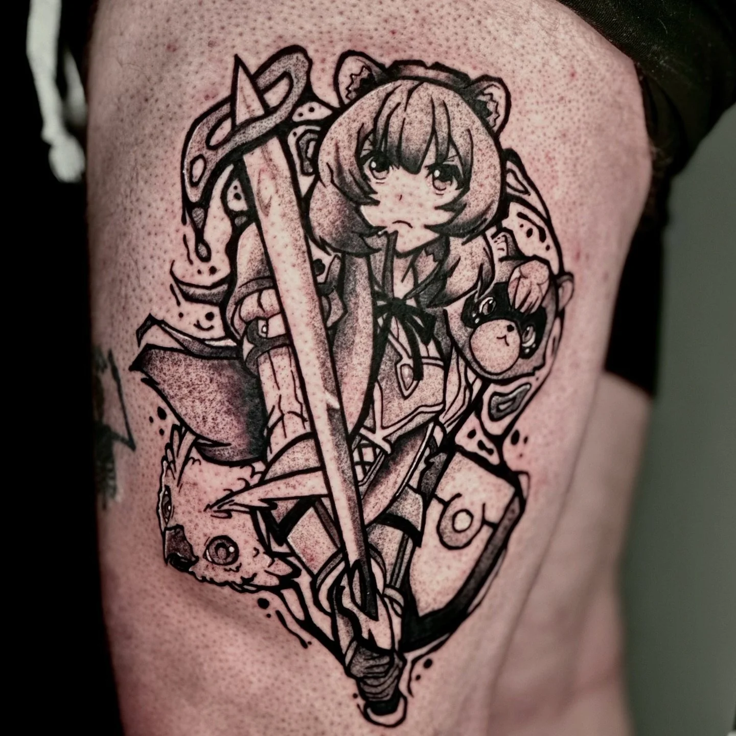 was super excited to got to check this one off of my wishlist so fast, i wasn&rsquo;t sure i&rsquo;d ever get to do a raphtalia tattoo. the first season of this show was incredible, I haven&rsquo;t been able to bring myself to finish the second seaso