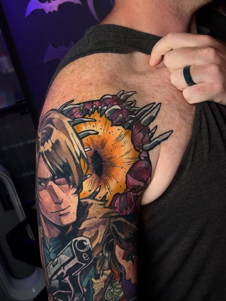 Finished! Resident Evil full sleeve for Zach. I love the series and it was a blast getting to do this. More video game stuff please! 

#residentevil #re9 #capcom #tattoo #anime