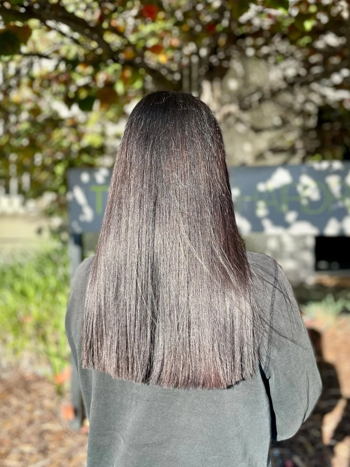 Back of a person with long, straight, shiny dark gray hair standing outdoors, with trees and a sign in the background.