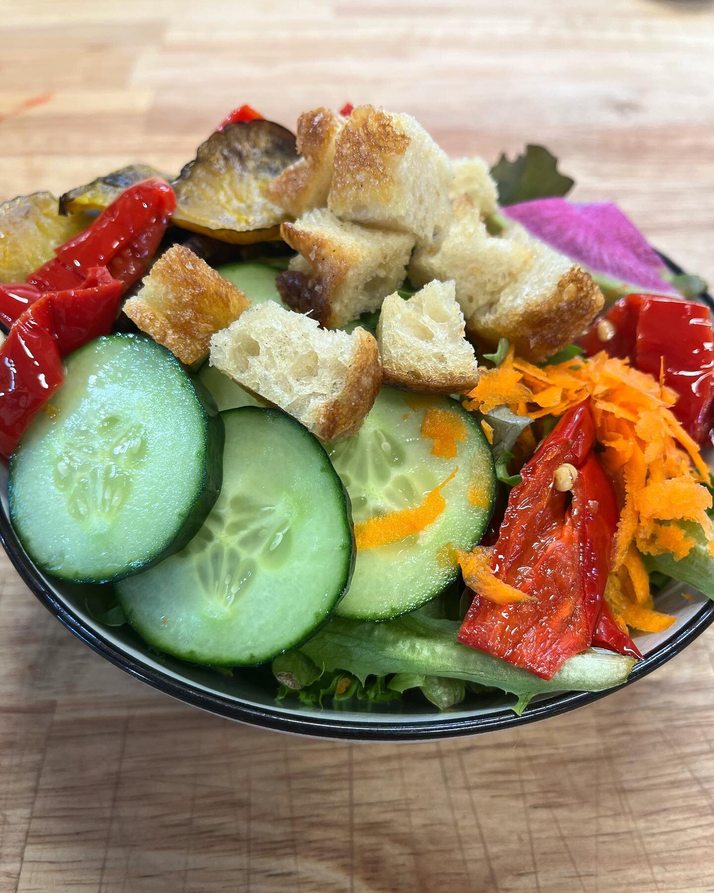 Along with all our sweet and savory baked treats and bread, we also have our salad 🥗 You can add additional protein to it and we just baked our first round of croutons! They&rsquo;re so good, using leftover focaccia 🍞 we&rsquo;re open today and tom