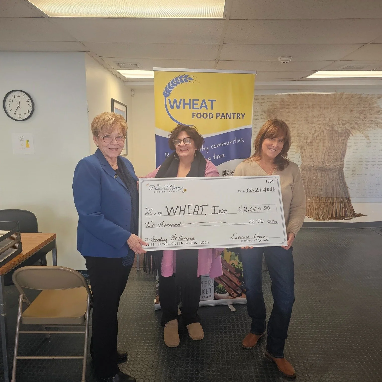 The Denise D'Ascenzo Foundation presented a check to Teddi McKenna, Board President and Heather Scutti, Program Director, to support the purchase of food items  to help stock the @wheatpantry.official The pantry annually serves over 7,500 individuals