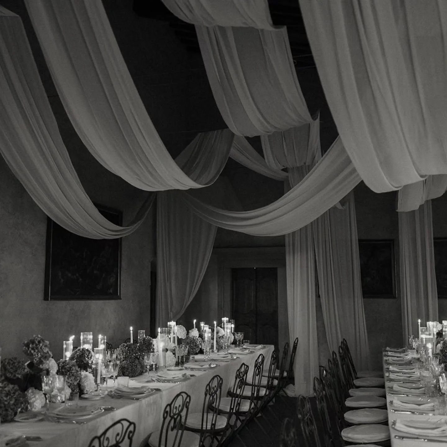 P&amp;P, it's only been just over a month since your beautiful wedding, and we still can't get over how thankful we are to be a part of your day. 

Creating these ceiling drapes in this stunning castello in Tuscany, when the rain came down outside, t