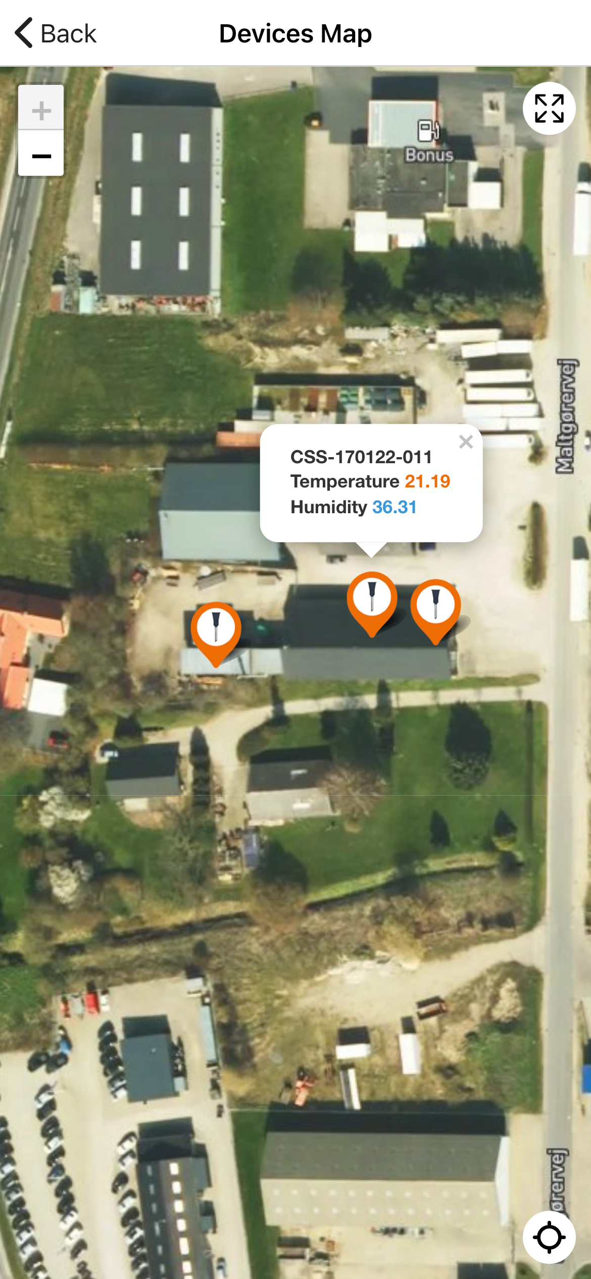 agrolog app shwoing the devices map